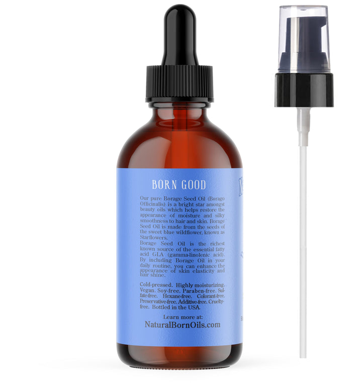 SALE! 4oz Borage Seed Oil, 100% Pure and Natural, Cold-Pressed, Unrefined, For All Skin Types – Rich in GLA - Includes Pump & Dropper