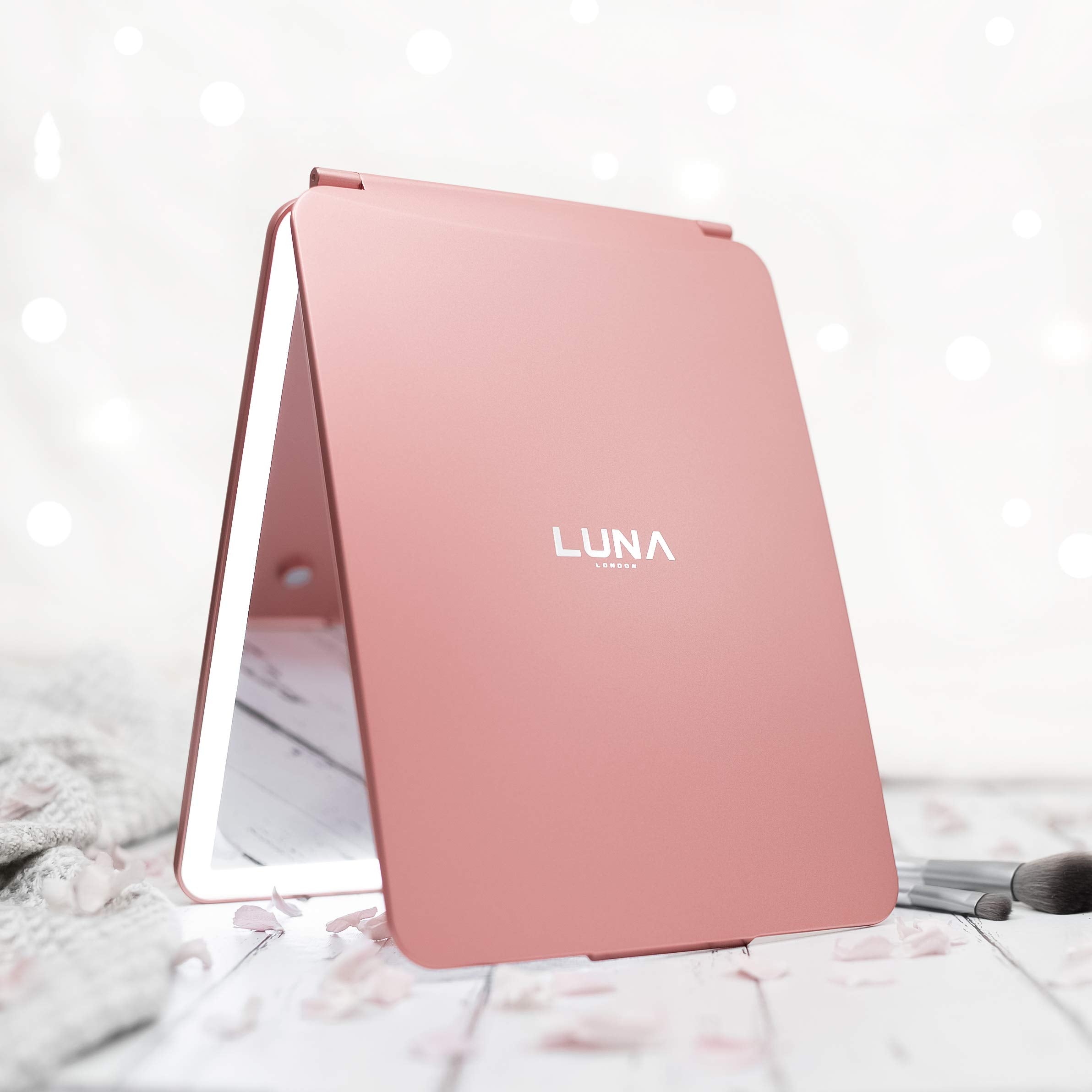 LUNA London Eclipse LED Lighted Travel Vanity Makeup Mirror | 3 Colour Light, Compact, Portable, Lighted, Rechargeable, Illuminated Mirror | Perfect for Travel, Makeup & Beauty Needs | Rose Gold