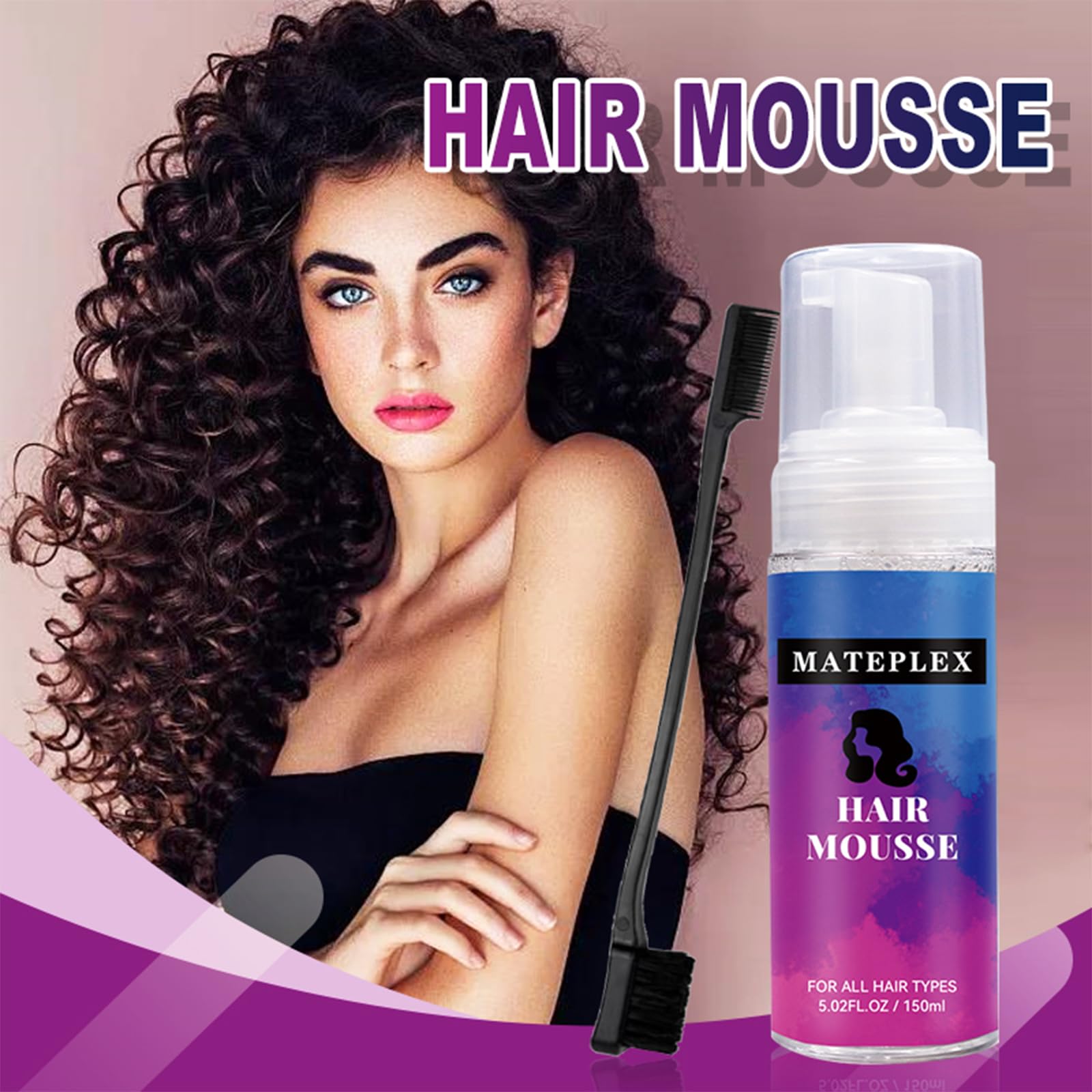 MATEPLEX Foaming Hair Curl Mousse Made From Argan Oil Frizz Control Styling Mousse with Flexible Feel, Ideal for Curly Hair, Wig or Weave, with Brush 5.02 oz(150ml)