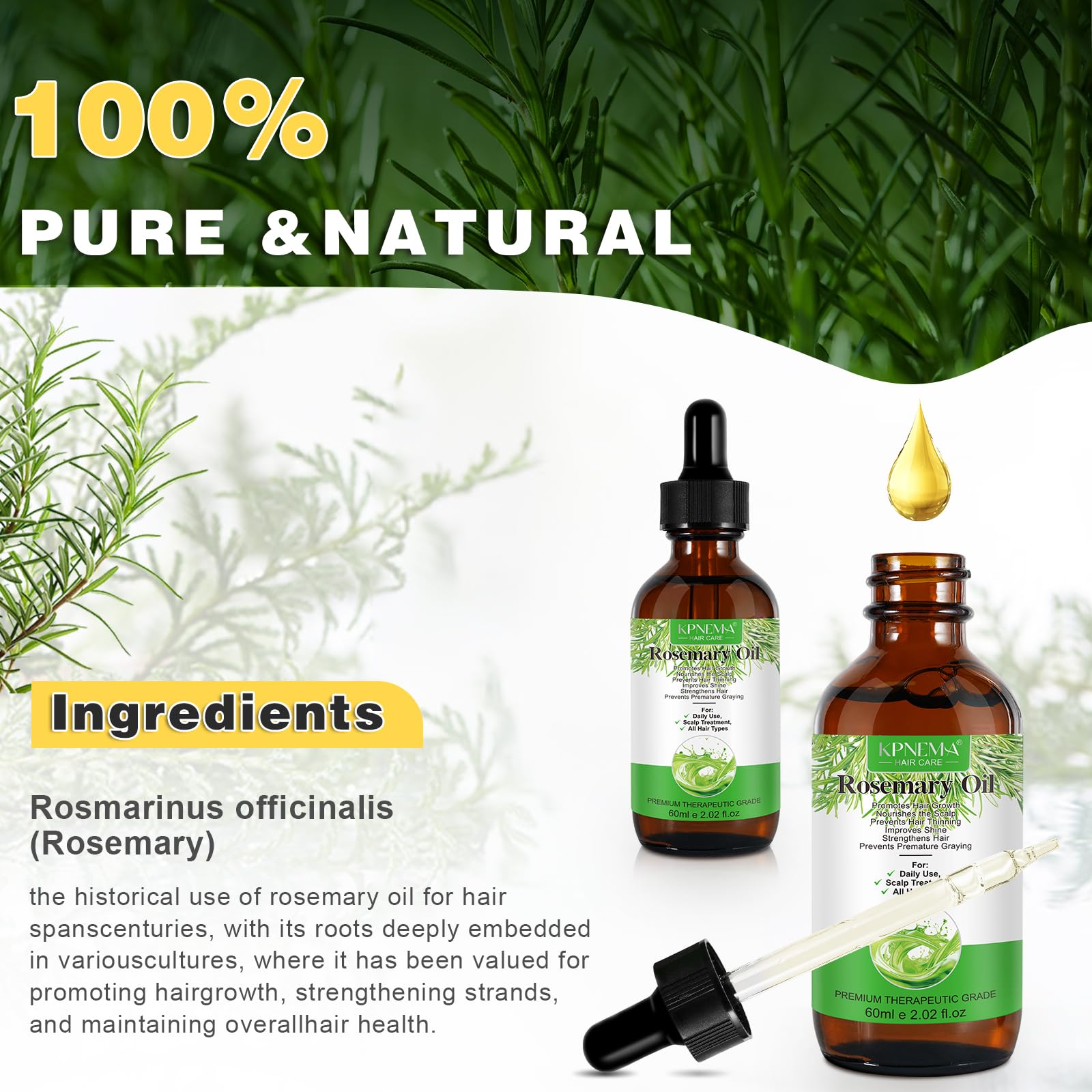 Rosemary Essential Oil for Hair Growth and Nourished Skin - 100% Pure Natural Multi-Purpose Oil (2.02 Fl Oz)
