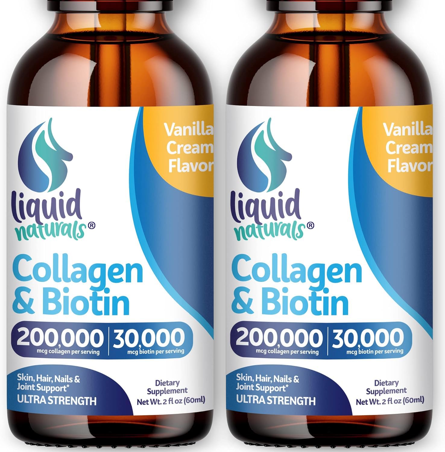 Liquid Collagen and Biotin, 2 Fl. Oz, Ultra-Strength Collagen Supplements for Women, Keto Friendly Biotin for Hair Growth Women, Nails, & Skin Vitamins B7 Collageno Peptides – Vanilla Flavor - 2 Pack