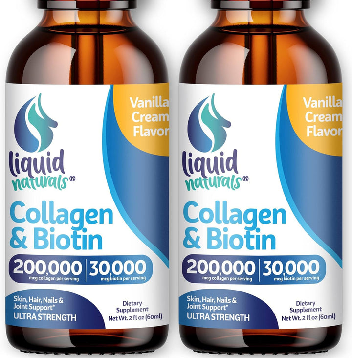 Liquid Collagen and Biotin, 2 Fl. Oz, Ultra-Strength Collagen Supplements for Women, Keto Friendly Biotin for Hair Growth Women, Nails, & Skin Vitamins B7 Collageno Peptides – Vanilla Flavor - 2 Pack