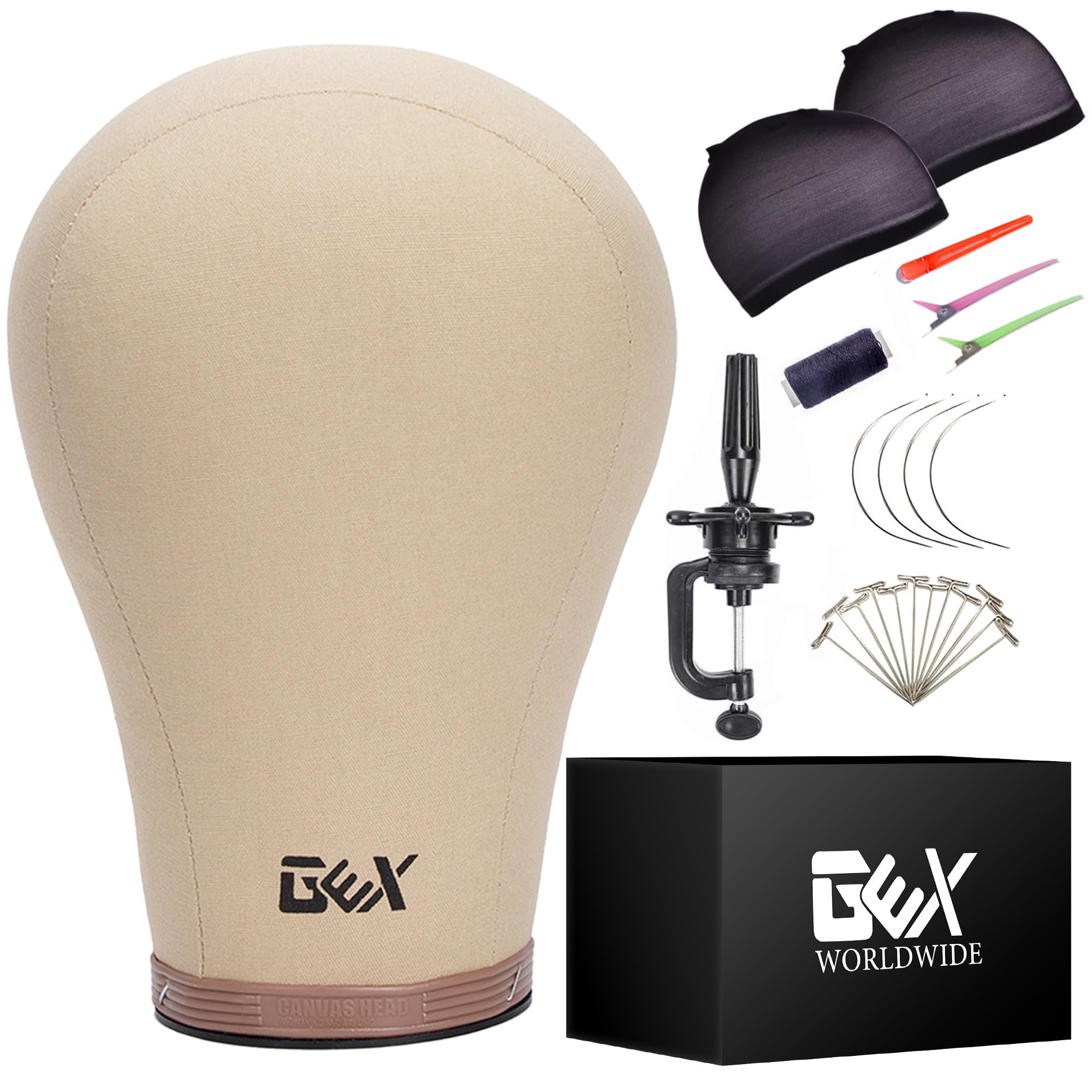 gexworldwide GEX 24 Canvas Cork Wig Block Mannequin Head for Wig Making Drying Styling Display with Table C Clamp Stand Holder (Light Brown 24)