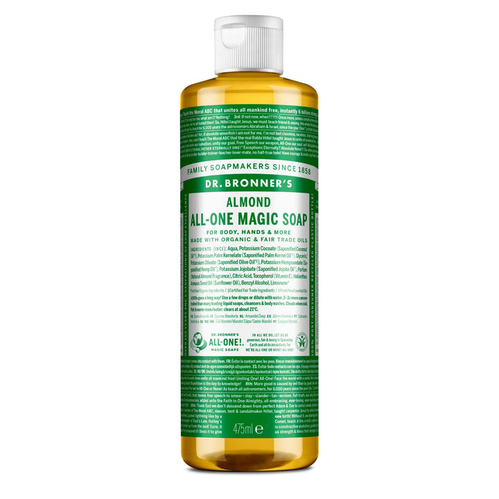 Dr. Bronner's - Pure-Castile Liquid Soap (Almond, 16 ounce) - Made with Organic Oils, 18-in-1 Uses: Face, Body, Hair, Laundry, Pets and Dishes, Concentrated, Vegan, Non-GMO