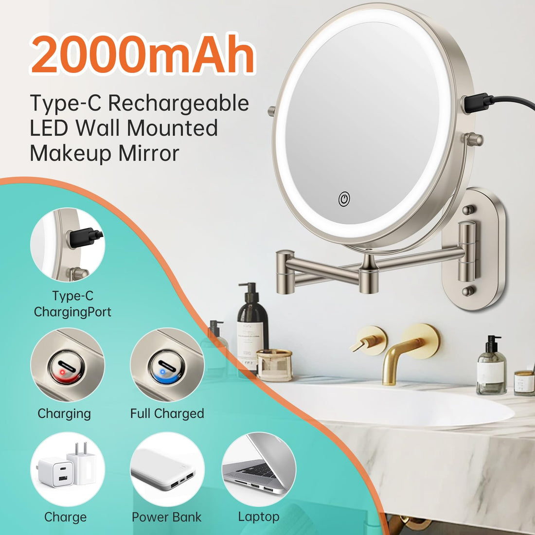 Rechargeable Wall Mounted Lighted Makeup Vanity Mirror 8 Inch Double Sided 1X 10X Magnifying Bathroom Mirror, 3 Color Lighting, Touch Screen Dimming, Extended Arm 360 Rotation Shaving Light up Mirror