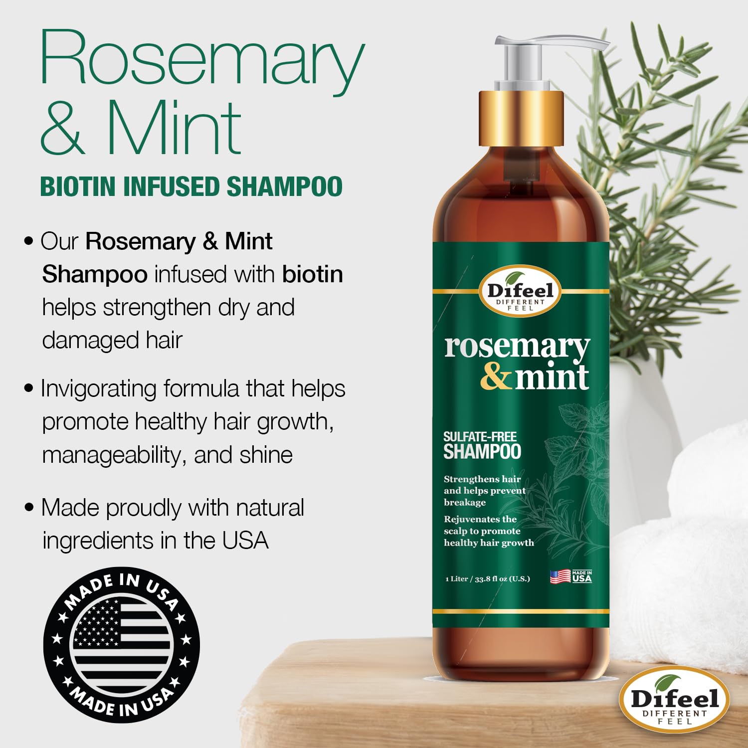 Difeel Elevated Rosemary and Mint Shampoo 33.8 oz. - Made with Natural Rosemary Oil for Hair Growth, Paraben Free Shampoo