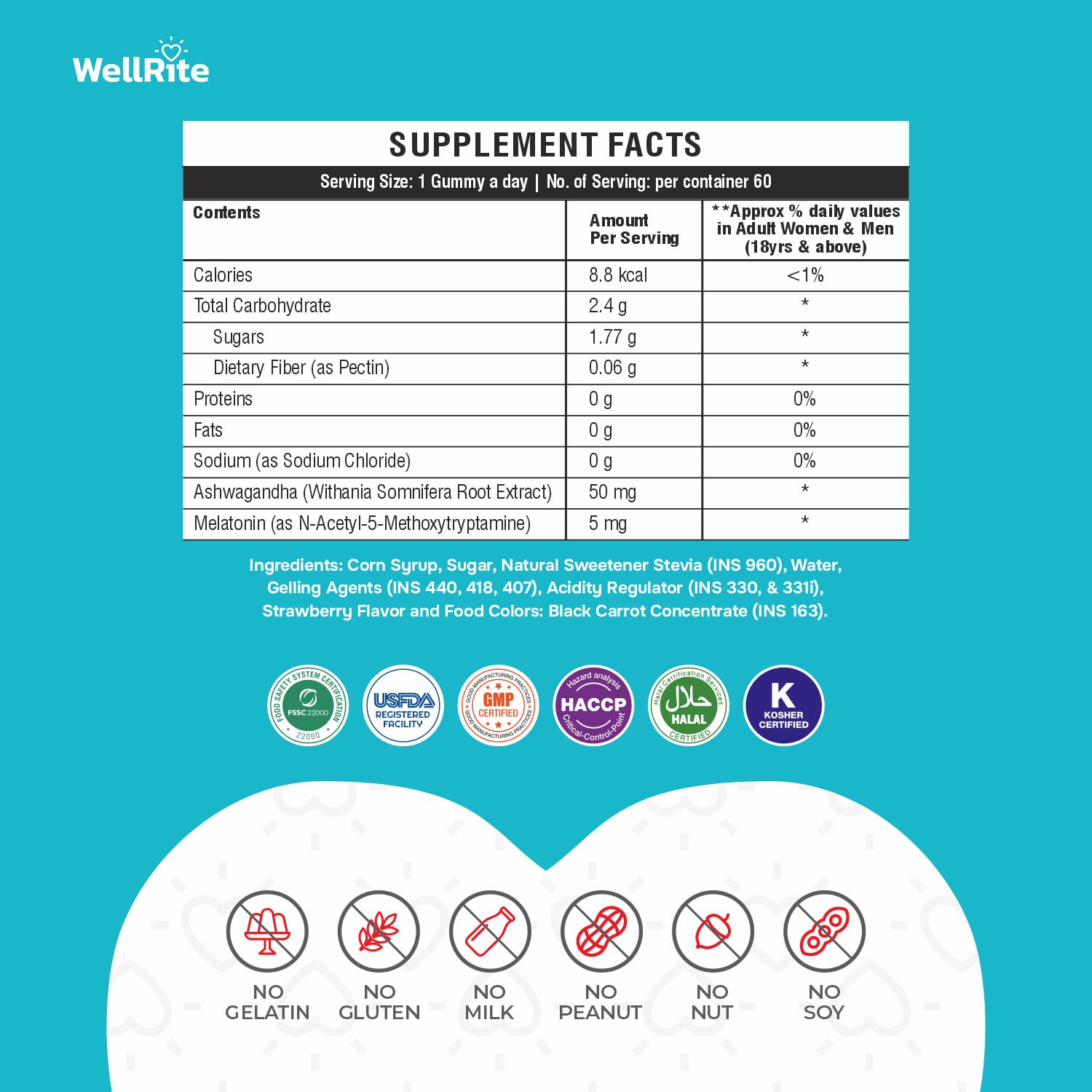 Wellrite Relax Gummy Vitamins with Ashwagandha & Melatonin, 60 Count, Strawberry Flavored, Vegan, Gelatin Free, Gluten Free, Nut Free, Relaxes Mind, Soulful Sleep