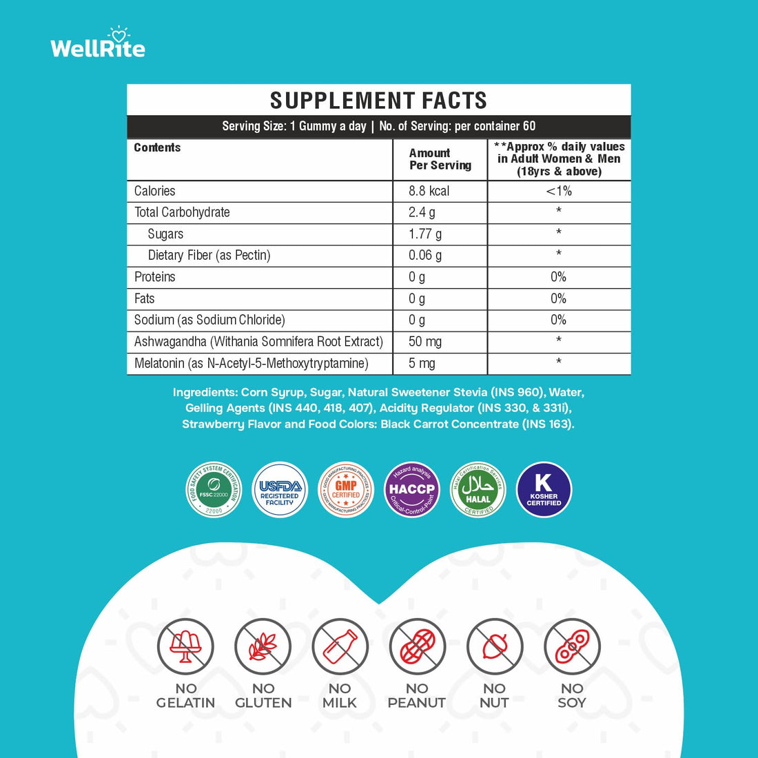 Wellrite Relax Gummy Vitamins with Ashwagandha & Melatonin, 60 Count, Strawberry Flavored, Vegan, Gelatin Free, Gluten Free, Nut Free, Relaxes Mind, Soulful Sleep