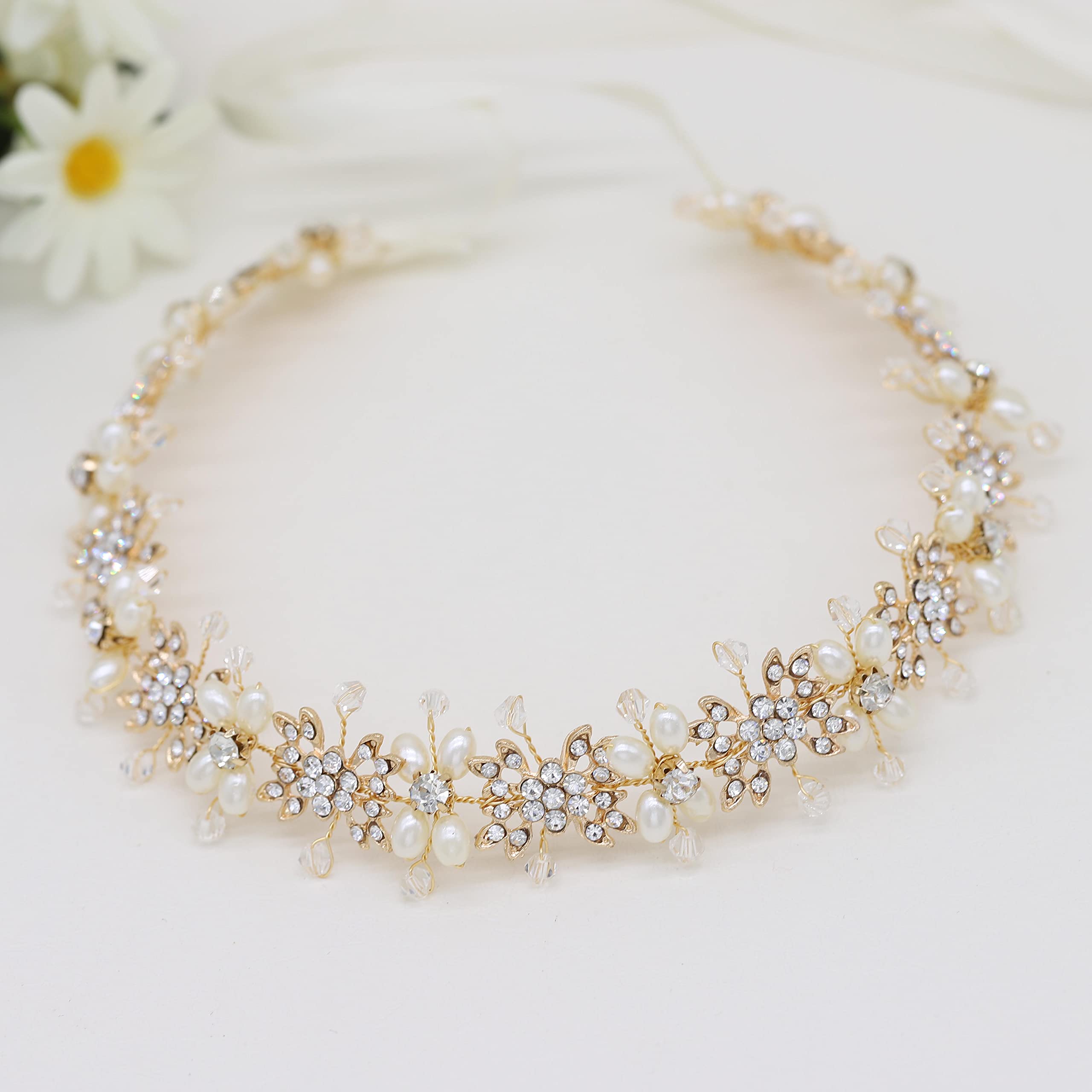 Ammei Bridal Headpiece Flower Design Wedding Headband Bridal Hair Accessories (Gold)