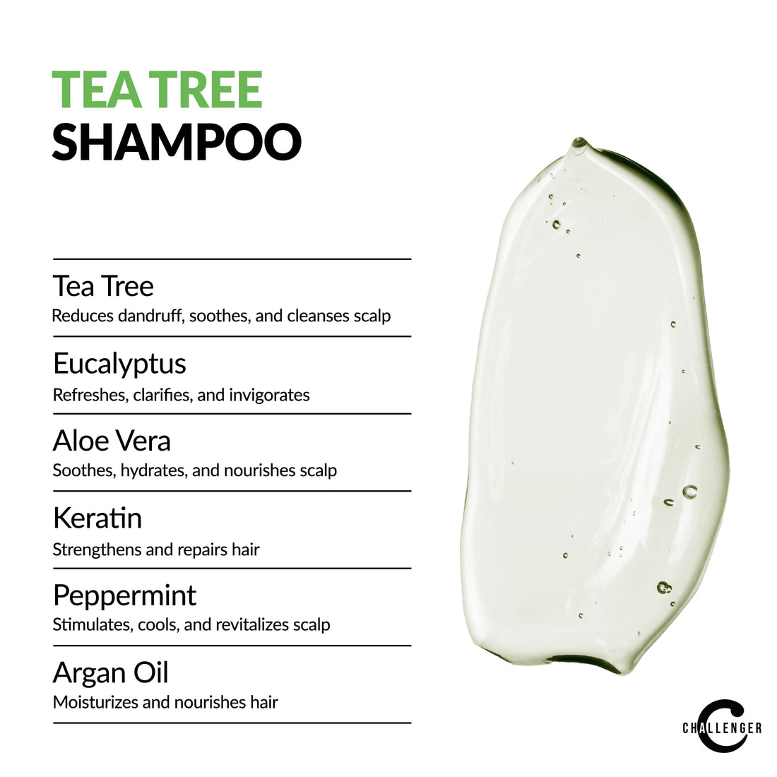 Challenger Tea Tree Shampoo - 16Oz Sulfate Free W/Vitamins, Argan Oil, Biotin - For Men & Women - Keratin, Vitamin C, Vitamin D, Protein, No Artificial Colors (2-3 Month Supply)