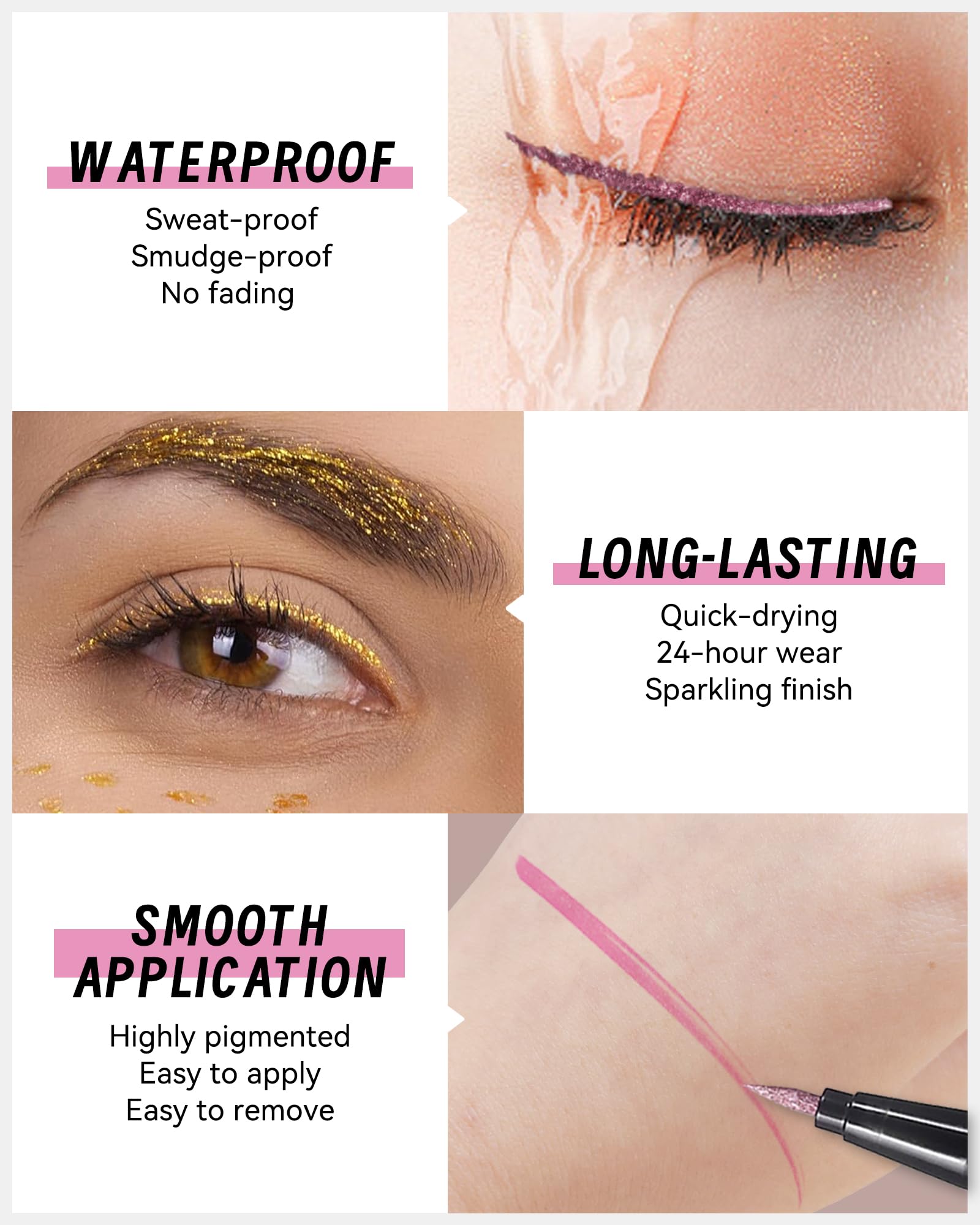 Metallic Glitter Liquid Eyeliner, Light Blue Diamond Shimmer Colored Eyeliner, Waterproof Long-Stay Eye Liner Pen, Ultra-Fine Tip Smooth Application, Smudge-Proof High Pigmented Delineador De Ojos-03