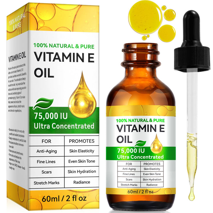 Essential Vitamin E Oil for Skin,Face,75000 IU Pure Vitamin E Body Oil for Women Girls 2 Oz