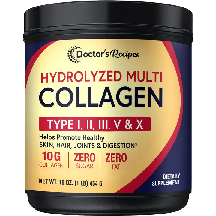 Doctor's Recipes Multi Collagen Peptides Powder for Women & Men, Grass-Fed Bovine Hydrolyzed Protein Type I II III V X, for Skin, Hair, Nails & Joints, Unflavored, Easy to Dissolve, Paleo & Keto, 16oz