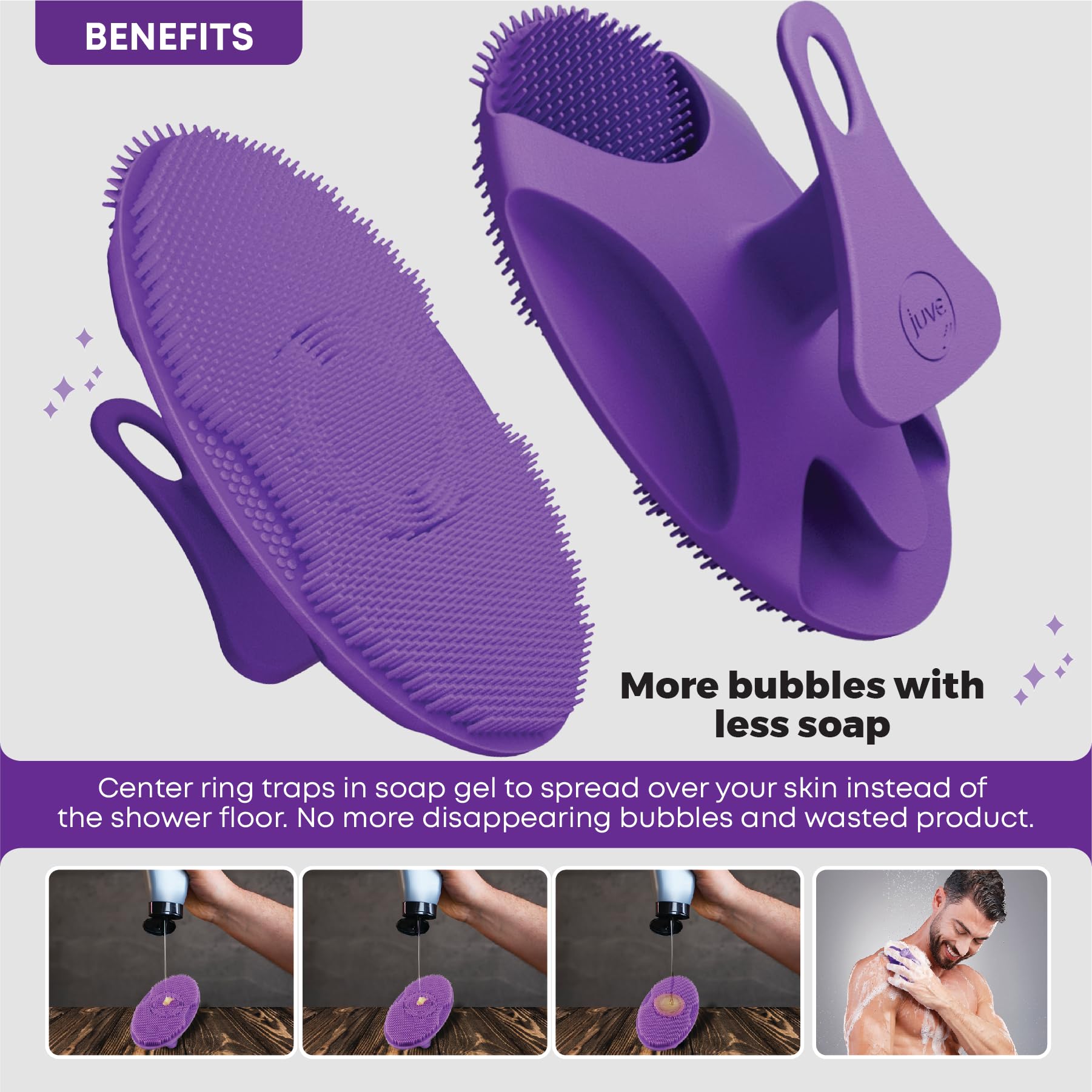 Juve Silicone Shower Scrubber- Body and Face Exfoliator for Women and Men- Exfoliating Bath Brush for Showering- Wash Away Excess Skin- Bathing Essentials Products and Accessories for Hygiene