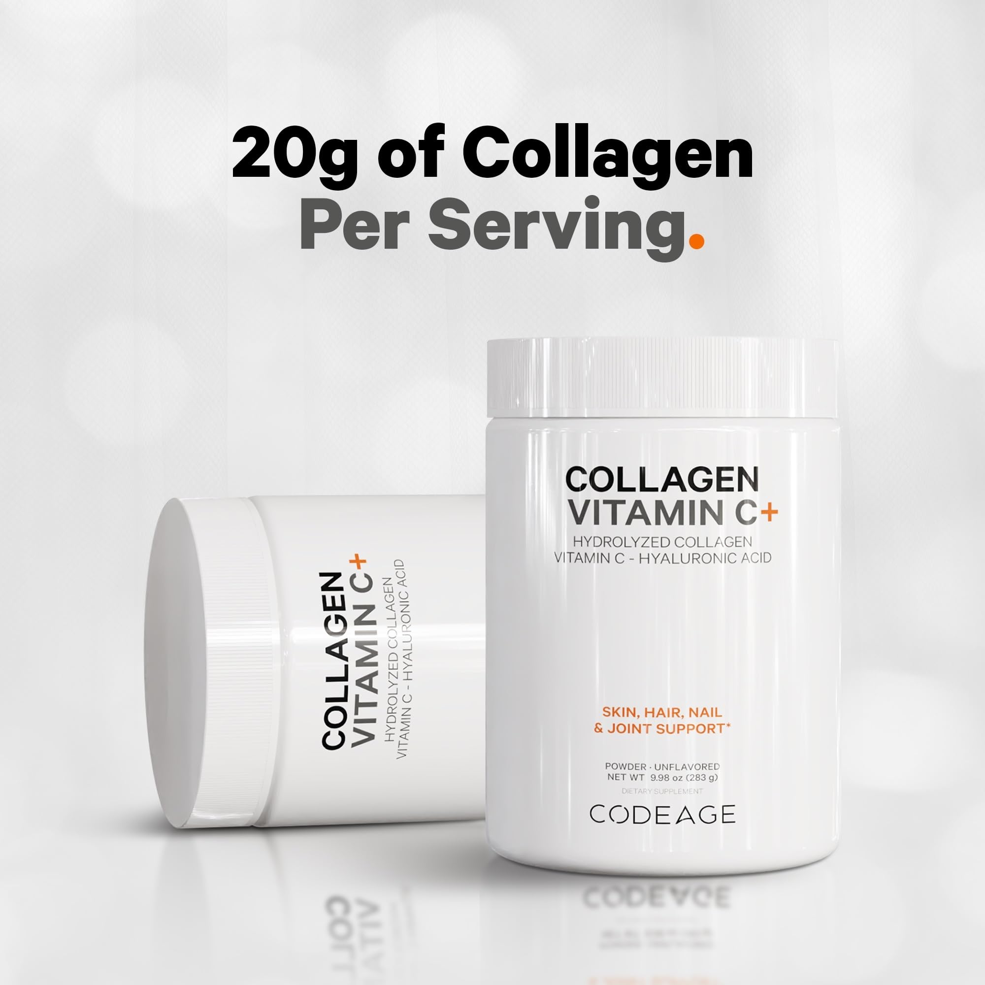 Codeage Collagen Peptides Powder + Vitamin C - 20g Grass-Fed Collagen Per Serving - Digestive Enzymes, Hyaluronic Acid, 18 Amino Acids - Hydrolyzed Collagen Protein - Non-GMO, Unflavored - 9.98 oz