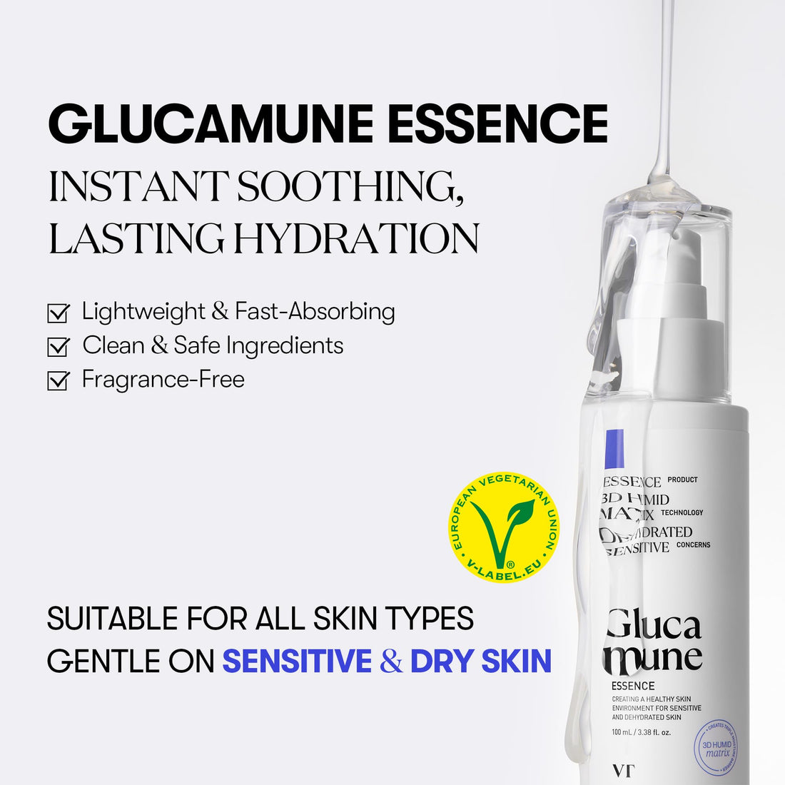 VT COSMETICS Glucamune Essence, Hydrating Vegan Serum for Face, For Dry & Sensitive Skin, Hypoallergenic, Fragrance-Free, Beta-Glucan, Glucosamine,Korean Skincare (3.38 fl. oz.)