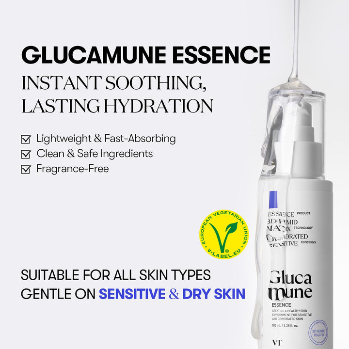 VT COSMETICS Glucamune Essence, Hydrating Vegan Serum for Face, For Dry & Sensitive Skin, Hypoallergenic, Fragrance-Free, Beta-Glucan, Glucosamine,Korean Skincare (3.38 fl. oz.)
