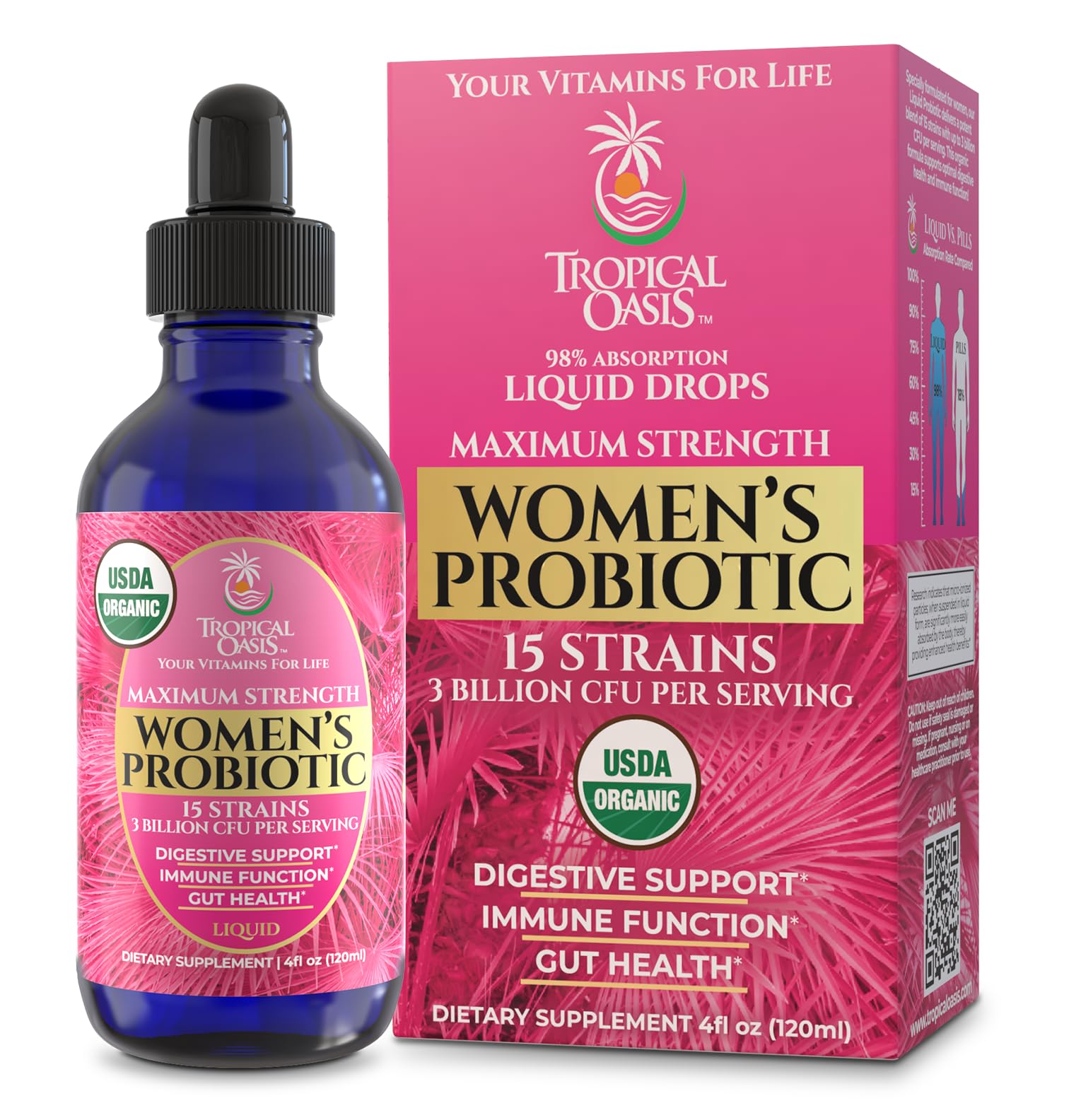 Tropical Oasis USDA Organic Liquid Probiotic for Women | Digestive Support & Gut Health | Liquid Vitamins for Women | 98% Absorption | Vegan, Non-GMO | 40 Servings