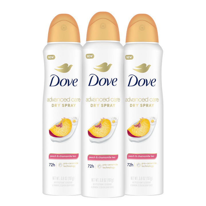 Dove Advanced Care Antiperspirant Deodorant Dry Spray Peach & Chamomile Tea 3ct underarm care boosts skin's ceramide levels 72hour odor control &all-day sweat protection ProCeramide technology 3.8 oz