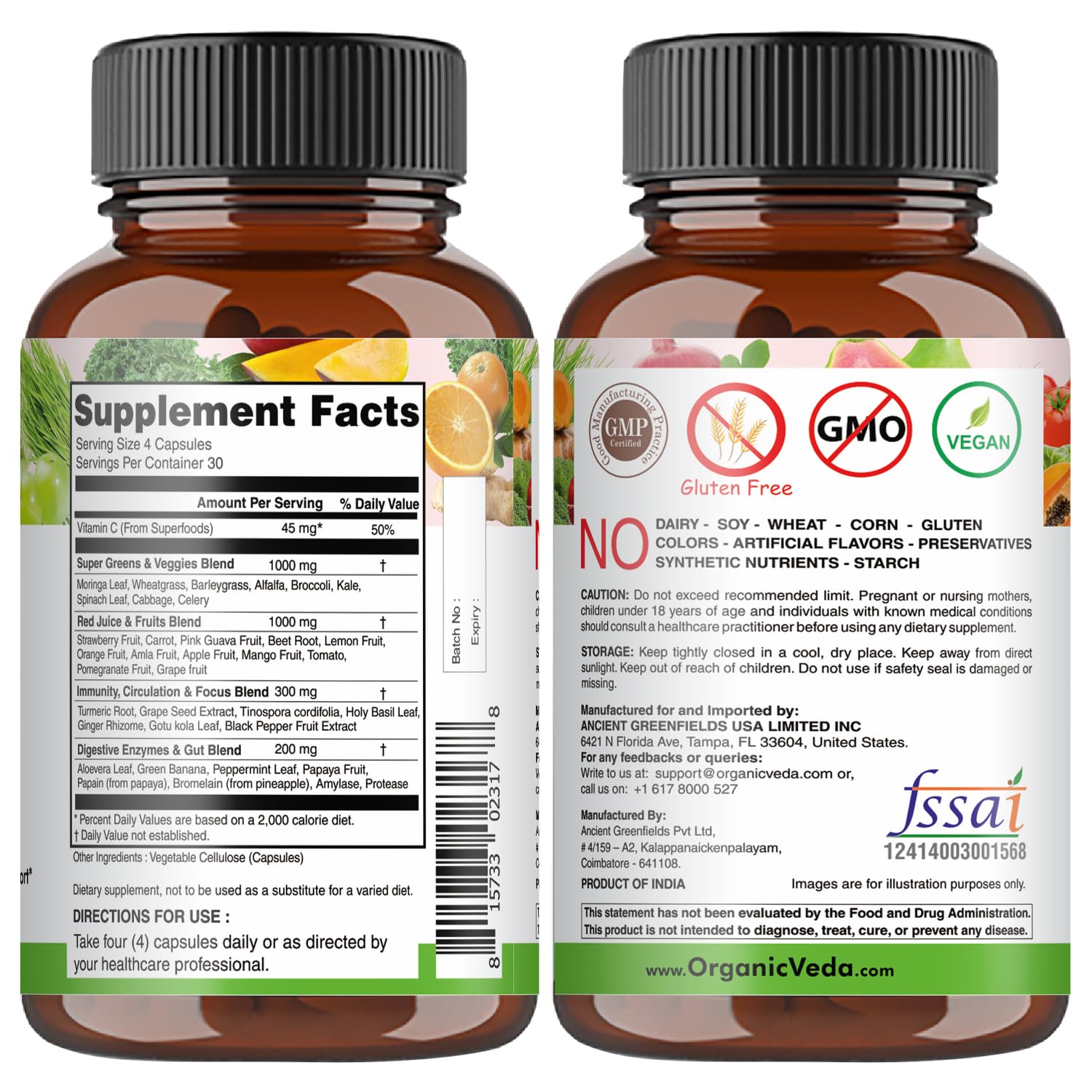 Organic Veda Super Greens Reds Veggies Capsules - 8 in 1 Daily 30 Whole Organic Superfoods Fruits & Vegetables Supplement - Papaya Enzymes, Spirulina, Chlorella, Moringa, Beet, Turmeric - 120 Vegan