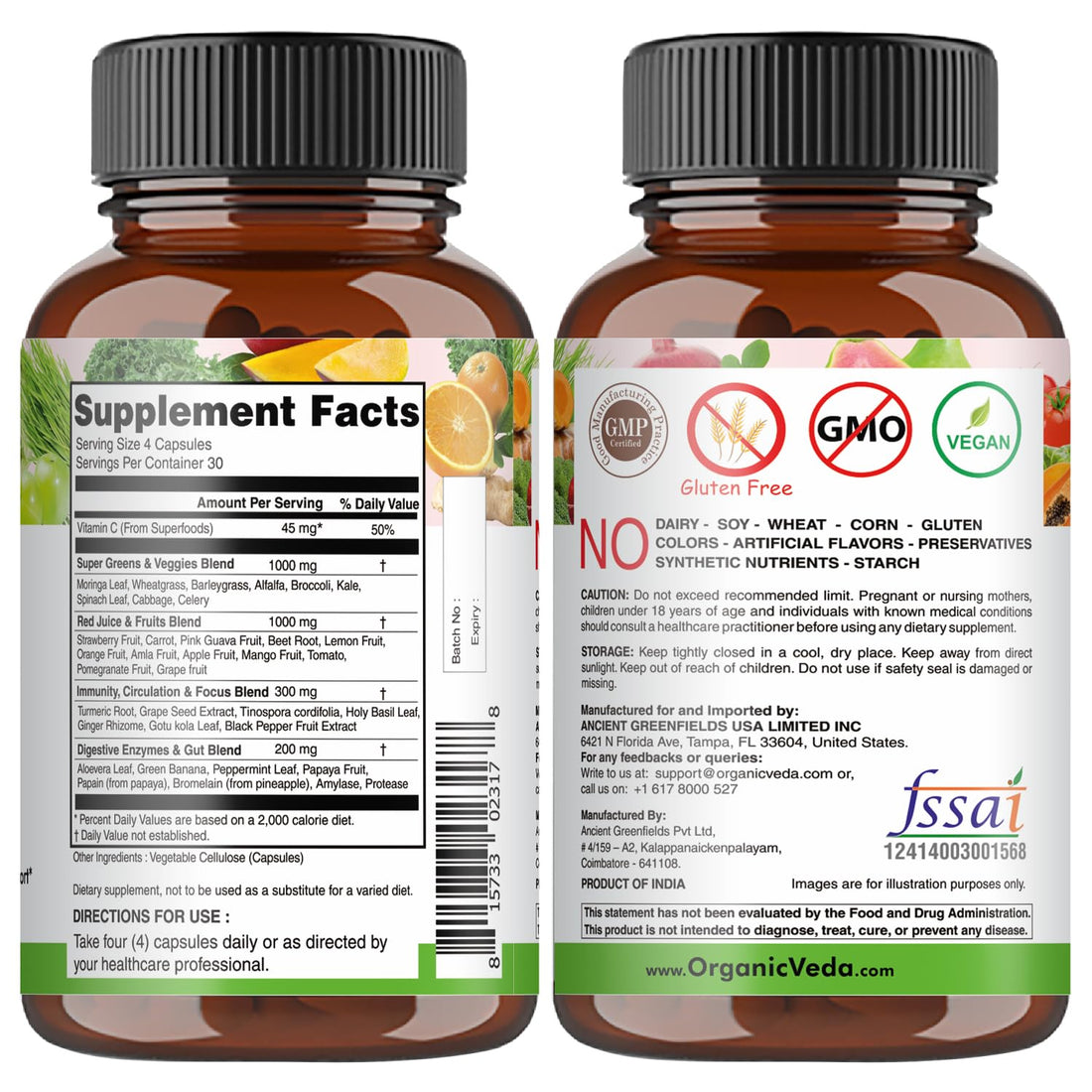 Organic Veda Super Greens Reds Veggies Capsules - 8 in 1 Daily 30 Whole Organic Superfoods Fruits & Vegetables Supplement - Papaya Enzymes, Spirulina, Chlorella, Moringa, Beet, Turmeric - 120 Vegan