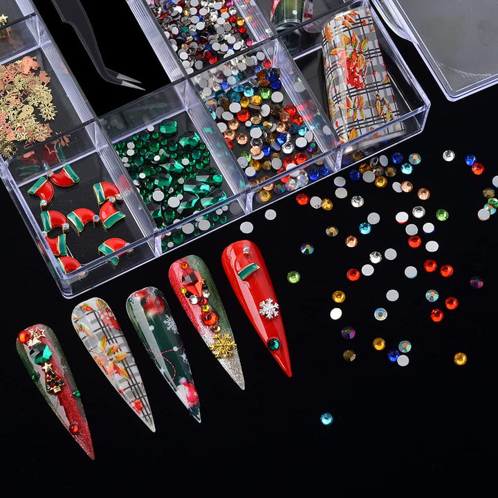 MELINDS Nail Art 3D Mixed Crystal Rhinestone Micro Gems DIY Metal Alloy Christmas Decoration Nail Art Foil Stickers Decal Glitter Kit for Nail Charms Props with Rhinestones Picker