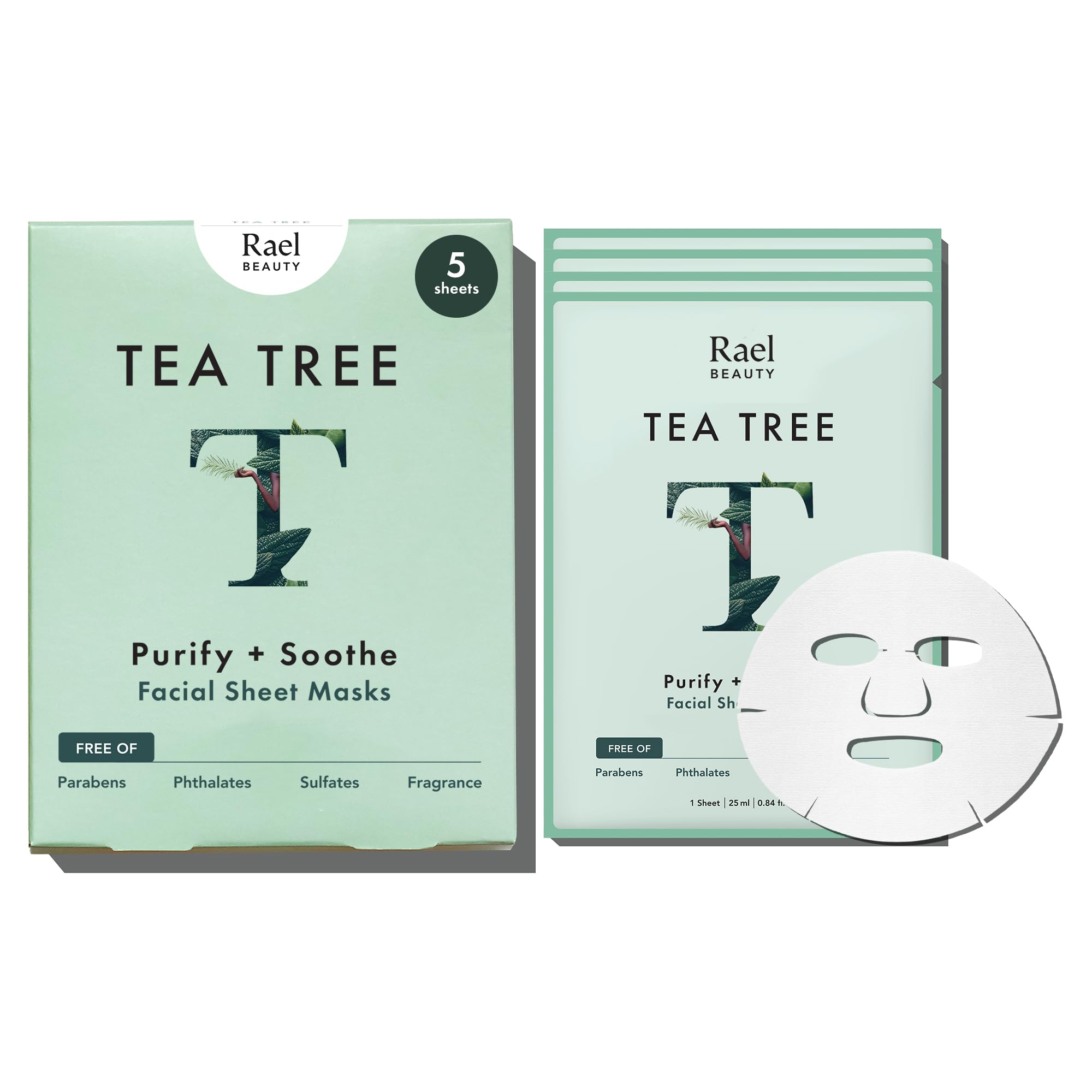 Rael Bamboo Face Sheet Mask - (Tea Tree, 5 Sheets) Fresh Forward Real Natural Facial Mask With Tea Tree Oil For Acne Prone Skin by Rael