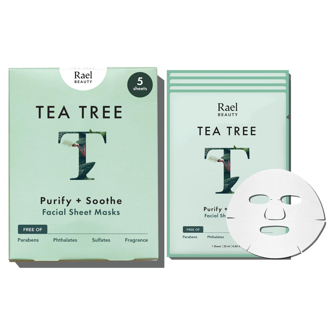 Rael Bamboo Face Sheet Mask - (Tea Tree, 5 Sheets) Fresh Forward Real Natural Facial Mask With Tea Tree Oil For Acne Prone Skin by Rael
