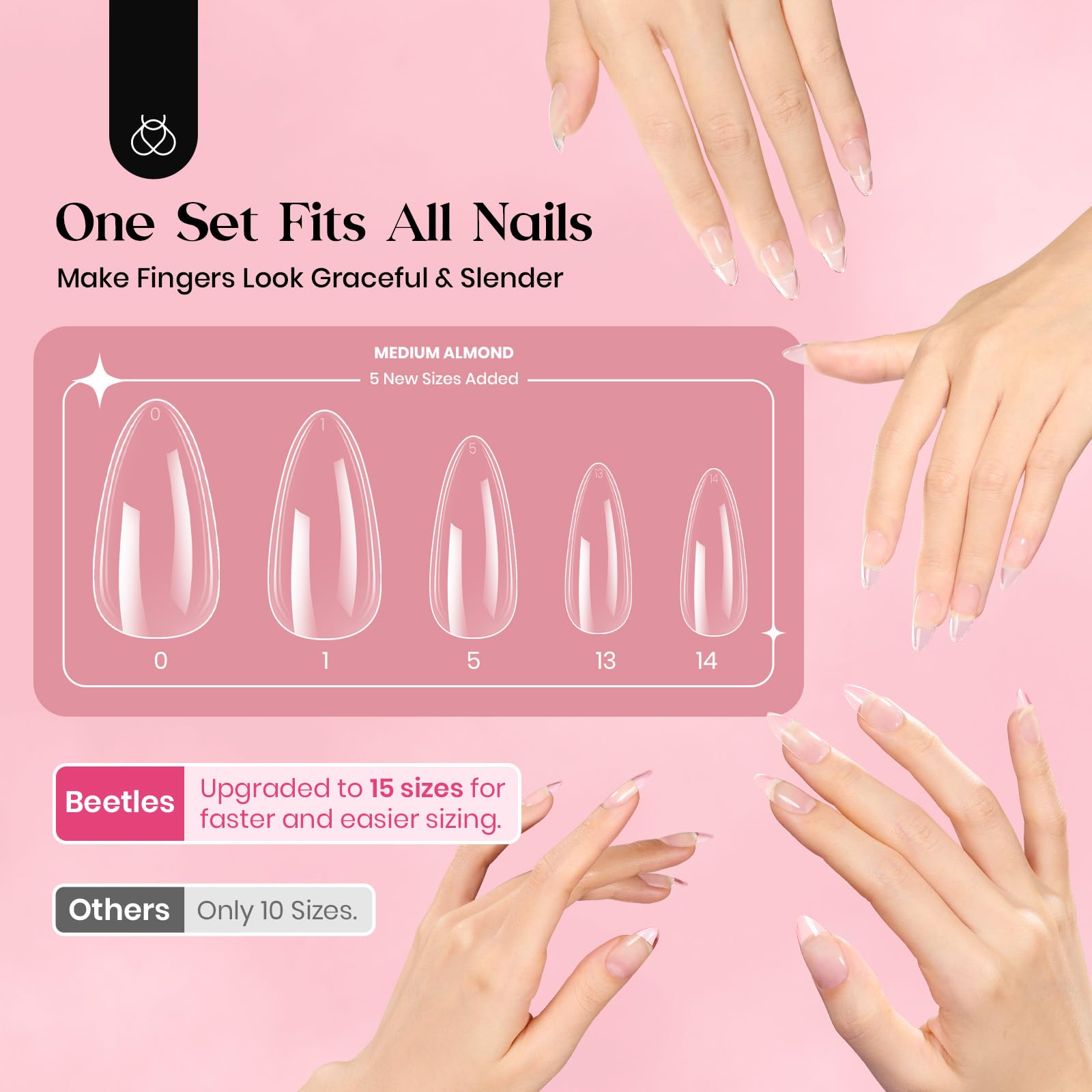 Beetles Gel Nail Kit, 300Pcs Almond Medium Nail Tips with Solid Nail Gel Glue,15 Sizes Soft Clear Nail Tips with Base Coat, Handheld Nail Lamp, Easy Nail Extension Set DIY Manicure Art Gift for Girls