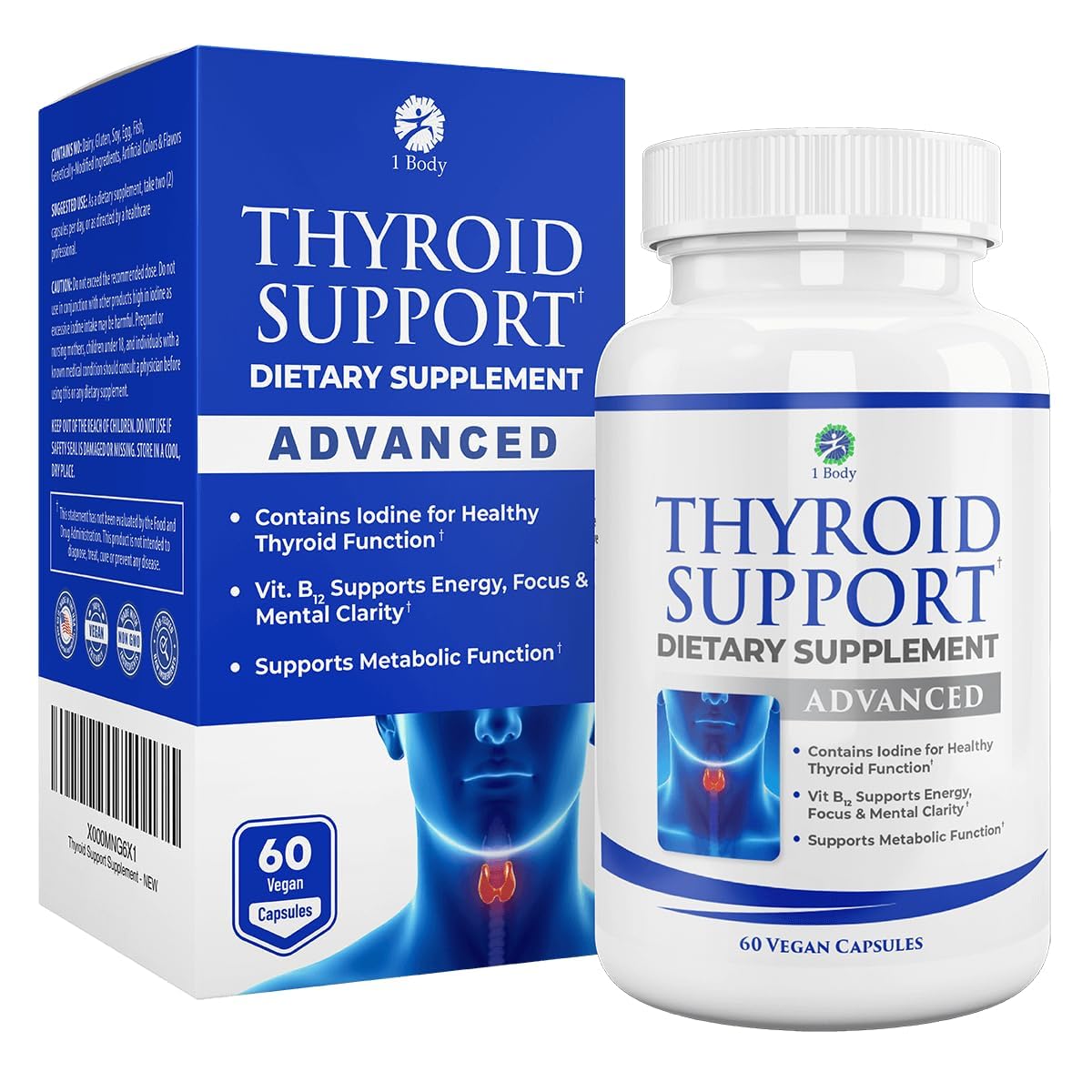 1 Body Thyroid Support Supplement with Iodine, B12, Zinc, Selenium, Ashwagandha, Non-GMO, Vegetarian, 30 Day Supply