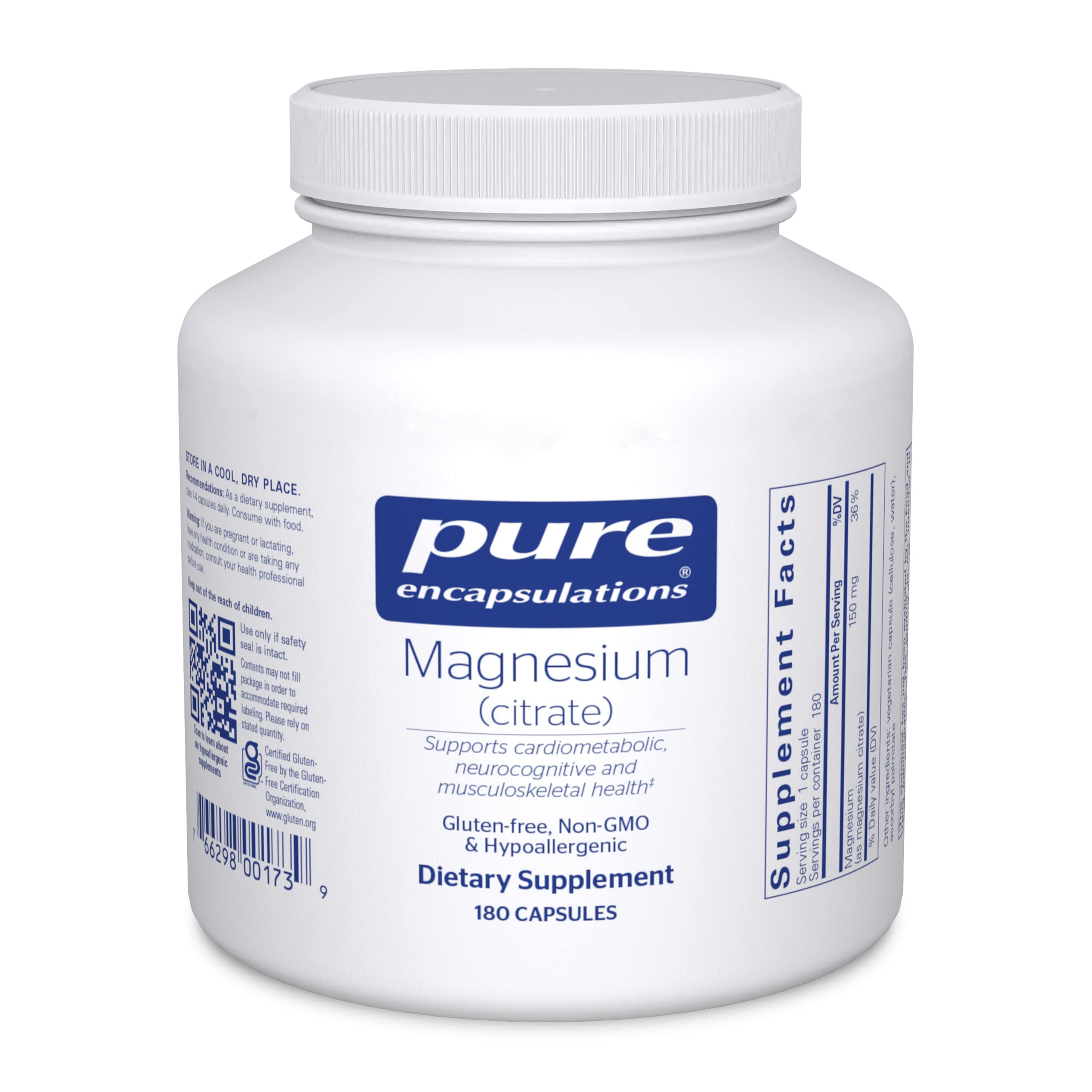 Pure Encapsulations Magnesium (Citrate) - Supplement for Sleep, Heart Health, Cognitive Health, Bone Health, Energy, Muscles, and Metabolism* - with Premium Magnesium - 180 Capsules