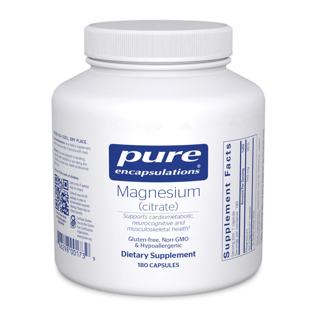 Pure Encapsulations Magnesium (Citrate) - Supplement for Sleep, Heart Health, Cognitive Health, Bone Health, Energy, Muscles, and Metabolism* - with Premium Magnesium - 180 Capsules