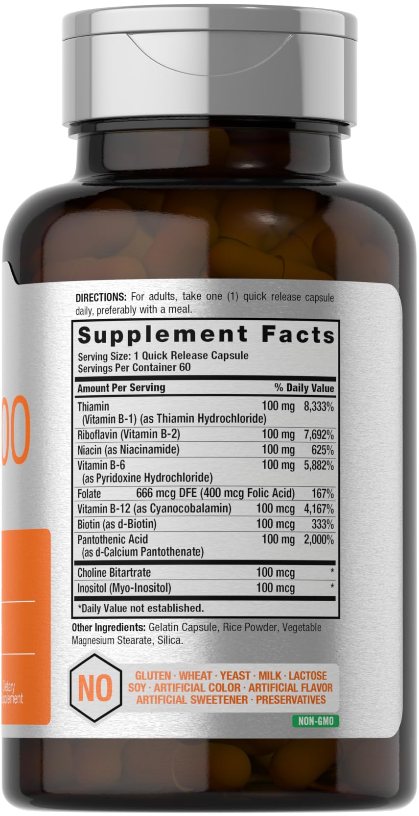 Horbäach Vitamin B-100 Complex | 60 Quick Release Capsules | Non-GMO and Gluten Free Supplement