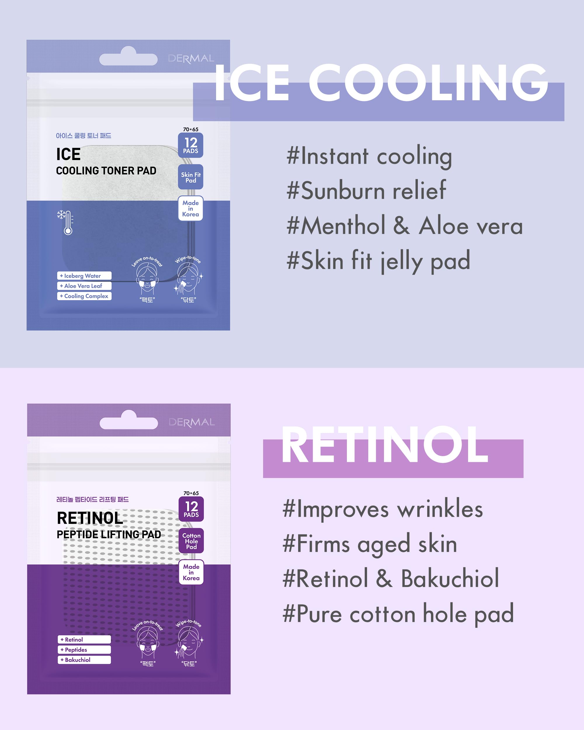 DERMAL 6 Types Toner Pad Trial Kit Portable Travel Combo Set - Ice Cooling, Collagen, Retinol, Madecassoside, Tea Tree, Vitamin Korean Face Toner Pads, 12 Pads x 6 Pack