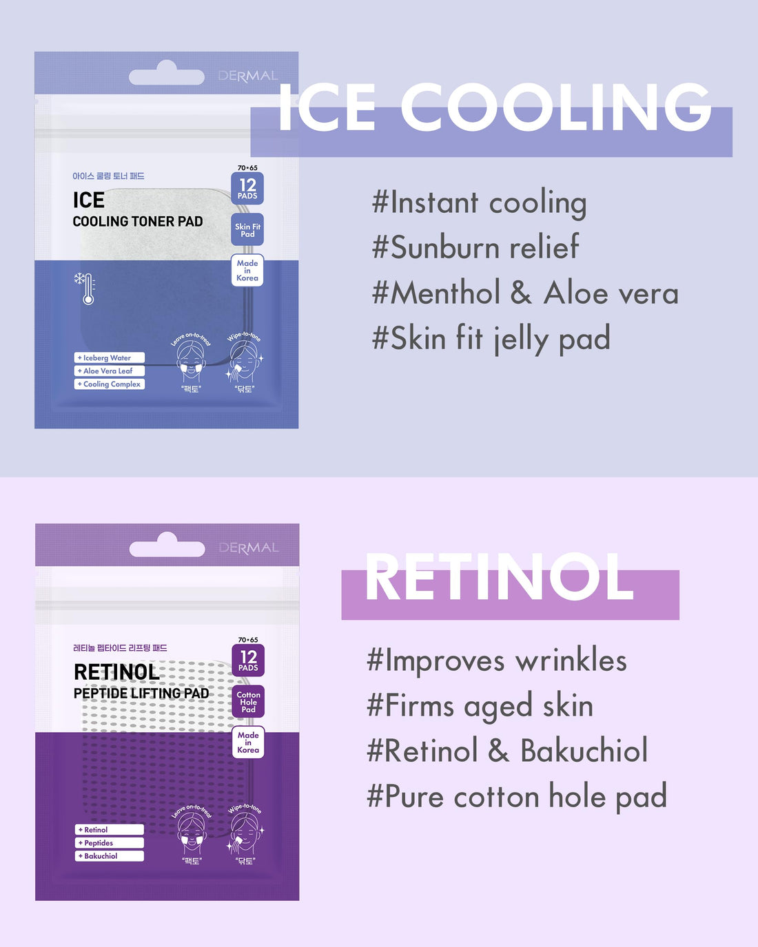 DERMAL 6 Types Toner Pad Trial Kit Portable Travel Combo Set - Ice Cooling, Collagen, Retinol, Madecassoside, Tea Tree, Vitamin Korean Face Toner Pads, 12 Pads x 6 Pack