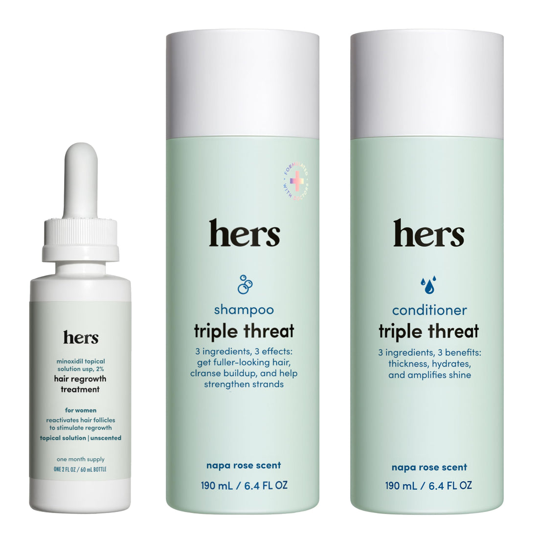 HIMS & HERS Triple Threat Shampoo, Conditioner and 2% Minoxidil Serum - Hair Loss Treatment For Women - Includes Minoxidil Serum, Color Safe Hair Thickening Shampoo and Conditioner - 3 Count