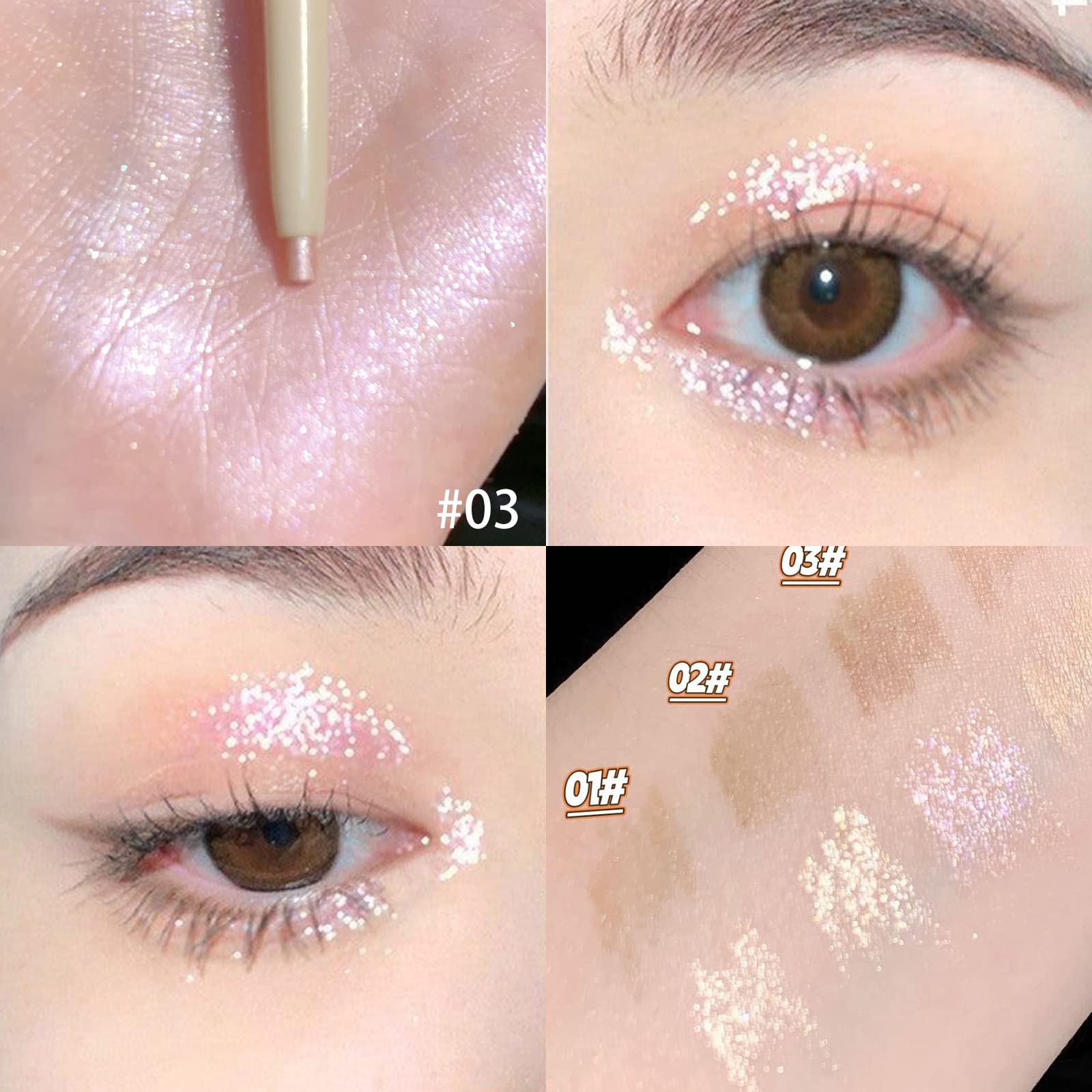 3PC Double Ended Highlighter Makeup Pen, Glitter & Matte Nude EyeLiner & Eyeshadow, Liquid Contour Liner 2 in 1 Eye Brightener Make Up Stick, Mulit-Funtional Long Lasting Lying Silkworm Pencil ( #01,