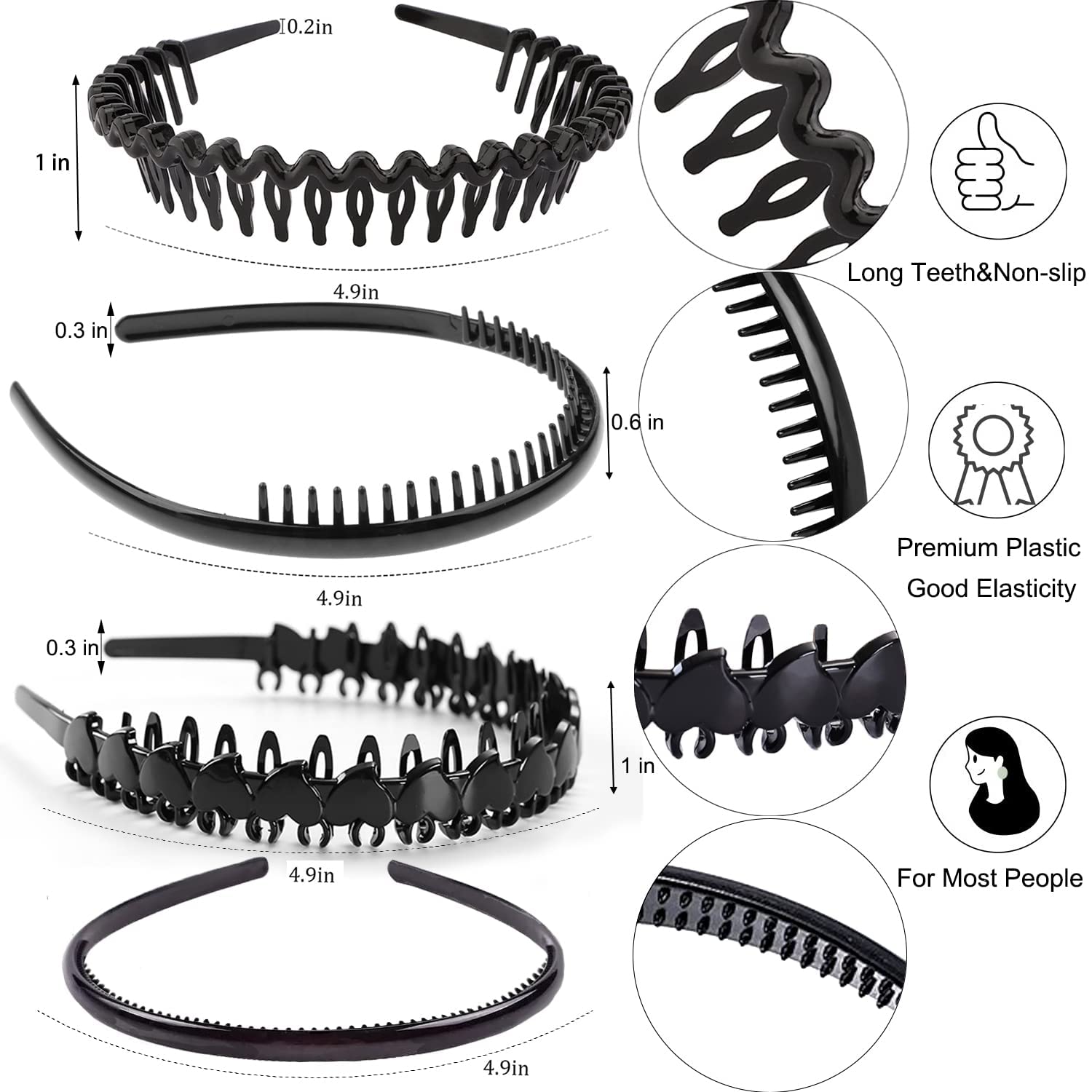 ULTIMUTE 8 PCS Fashion Effortless Plastic Headbands with Teeth Comb Black Skinny Headbands No Slip Hair Accessories Bands for Women Men Teen Girls, Bright Black