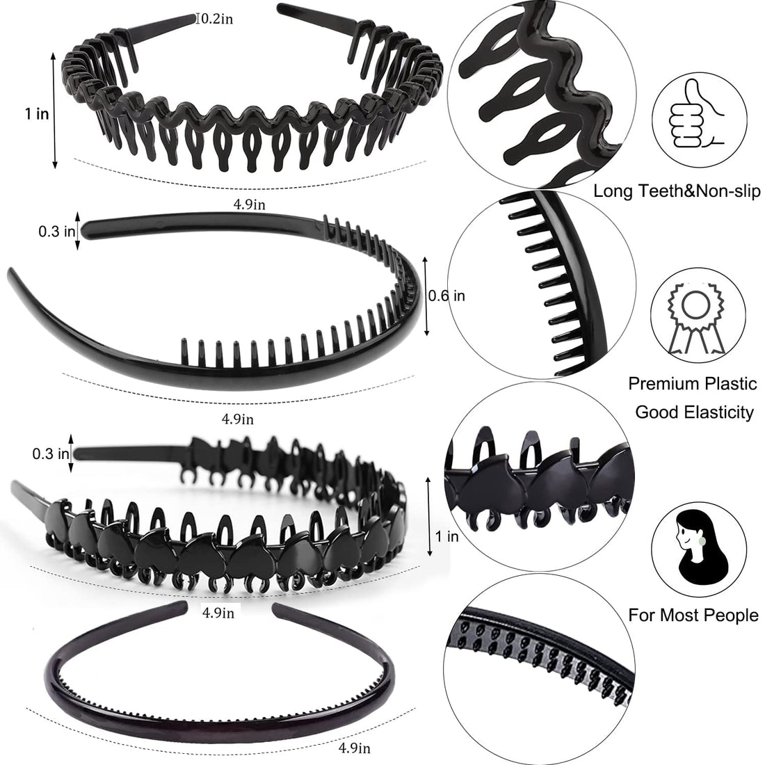 ULTIMUTE 8 PCS Fashion Effortless Plastic Headbands with Teeth Comb Black Skinny Headbands No Slip Hair Accessories Bands for Women Men Teen Girls, Bright Black