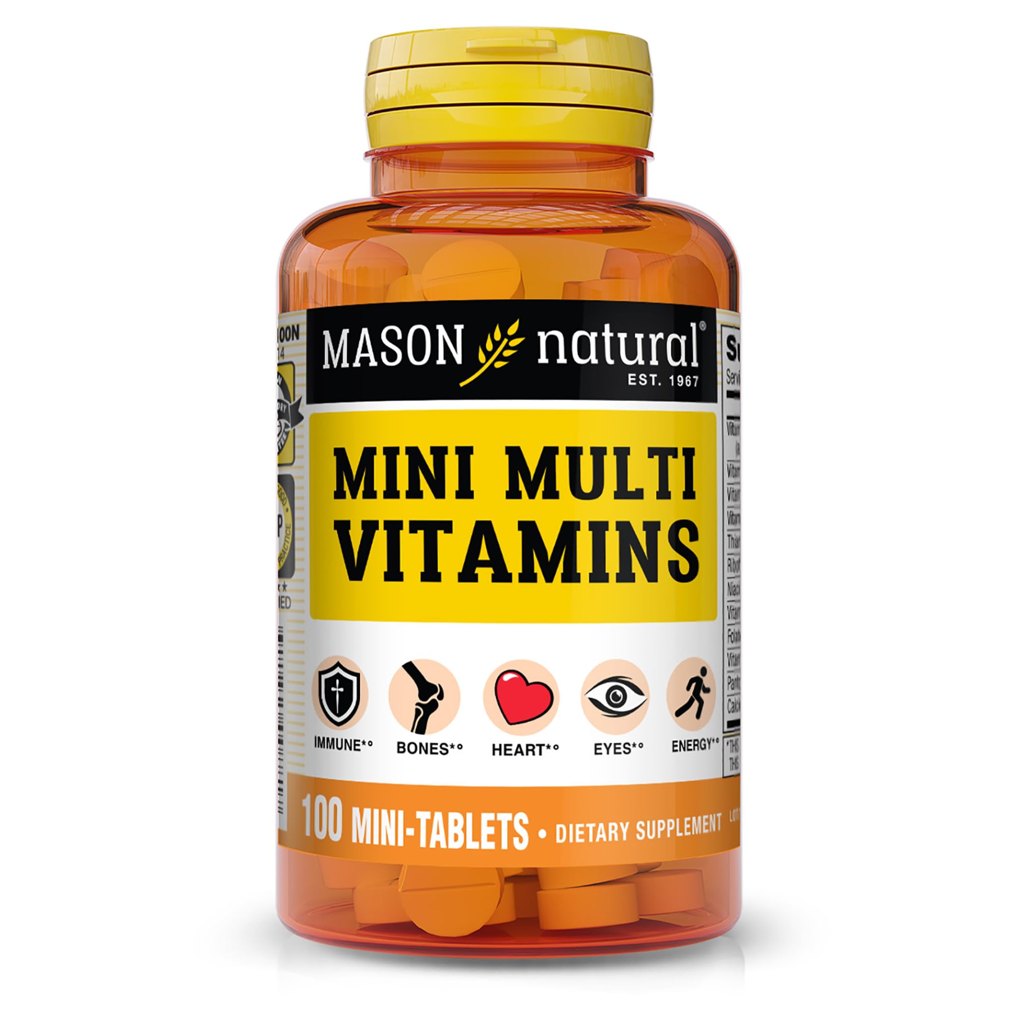 MASON NATURAL Mini Multi Vitamins, Vitamins A, C, D3, E, B1, B2, B3, B6, B12, Folate and Calcium for Overall Health, 100 Day Supply