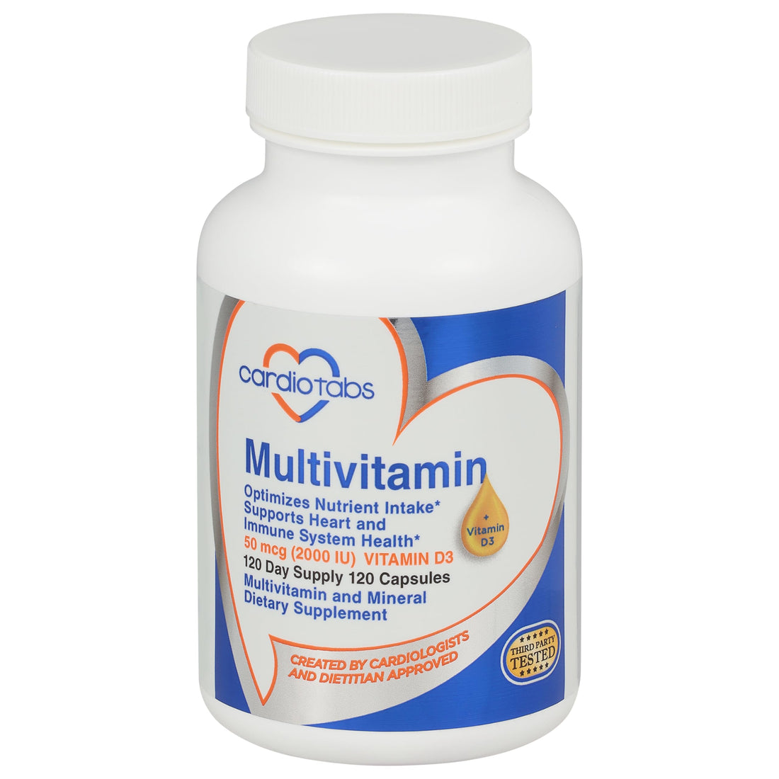 Cardiotabs Multivitamin - Heart and Immunity Supplements for Men & Women, Multivitamin for Men & Women, with Minerals B-Vitamin Complex, Vitamins A, C, E, K and 2000 IU Vitamin D3, 120-Count Bottle
