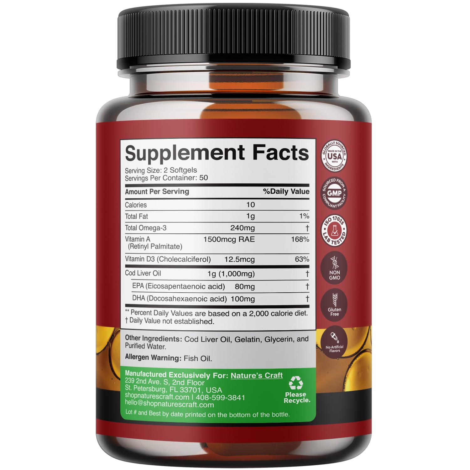 Icelandic Cod Liver Oil Softgels - Wild Caught EPA DHA Omega 3 Fish Oil 1000mg per serving - Sustainably Sourced Burpless Fish Oil Supplement with Vitamin D3 & A for Heart Joint Brain & Immune Support