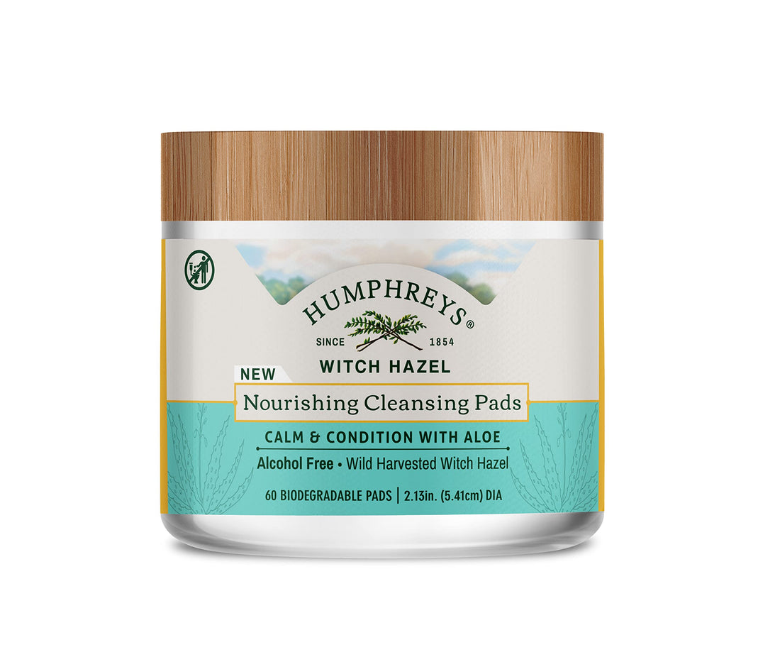 Humphreys Witch Hazel Nourishing Cleansing Pads | Wild Harvested Witch Hazel & Aloe | Alcohol-Free | Natural | Hydrating | Biodegradable | 60 Pads