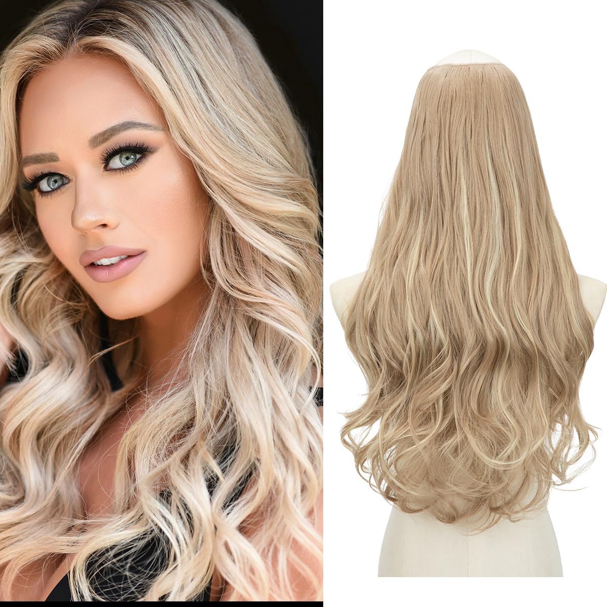 SARLA U Part Hair Extensions Dirty Blonde Full Head Clip in Synthetic Wave Curly Hairpiece Long 24 Inch for Women