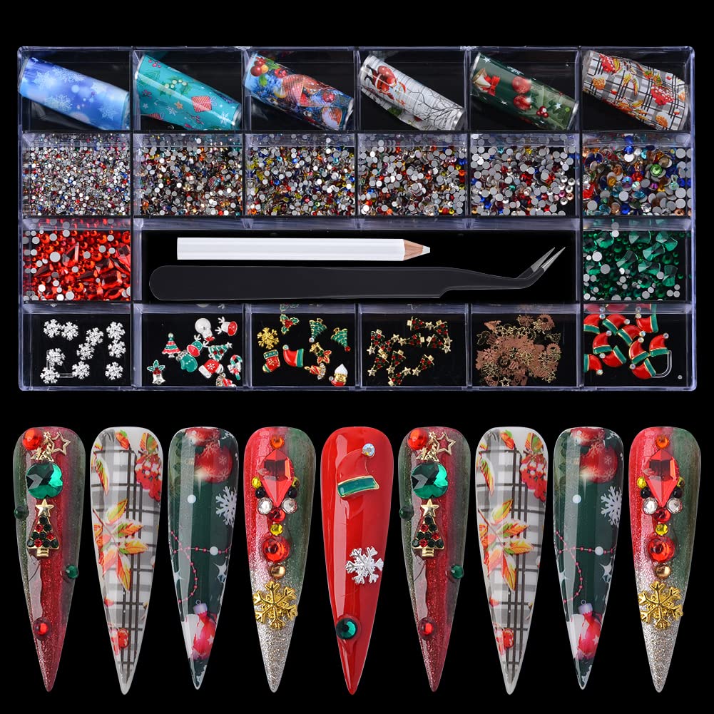 MELINDS Nail Art 3D Mixed Crystal Rhinestone Micro Gems DIY Metal Alloy Christmas Decoration Nail Art Foil Stickers Decal Glitter Kit for Nail Charms Props with Rhinestones Picker