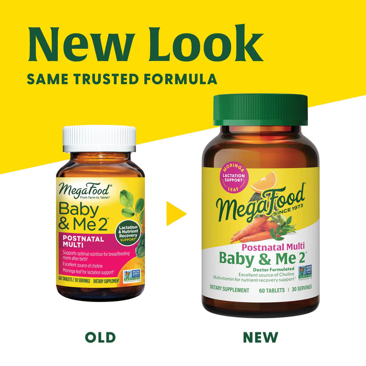 MegaFood Baby & Me 2 Postnatal Vitamins for Breastfeeding Moms with Folate (Folic Acid Natural Form), Choline, Iodine, Vitamin D, Moringa Leaf and More - 60 Tabs (30 Servings)