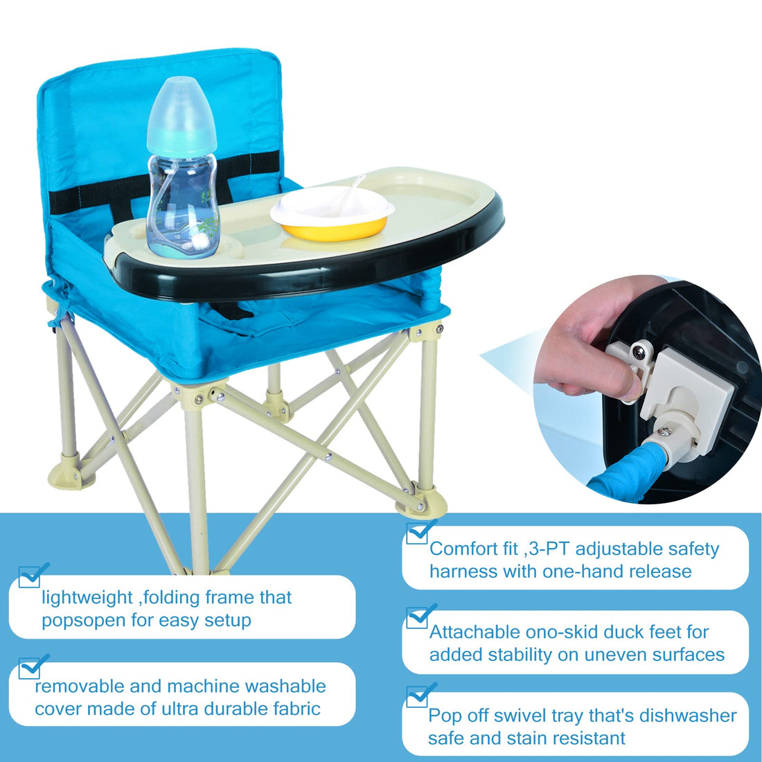 Travel Booster Seat with Tray for Baby Activity Chair Folding Portable High Chair for Eating Dining, Camping, Beach, Lawn, Grandma’s (White)