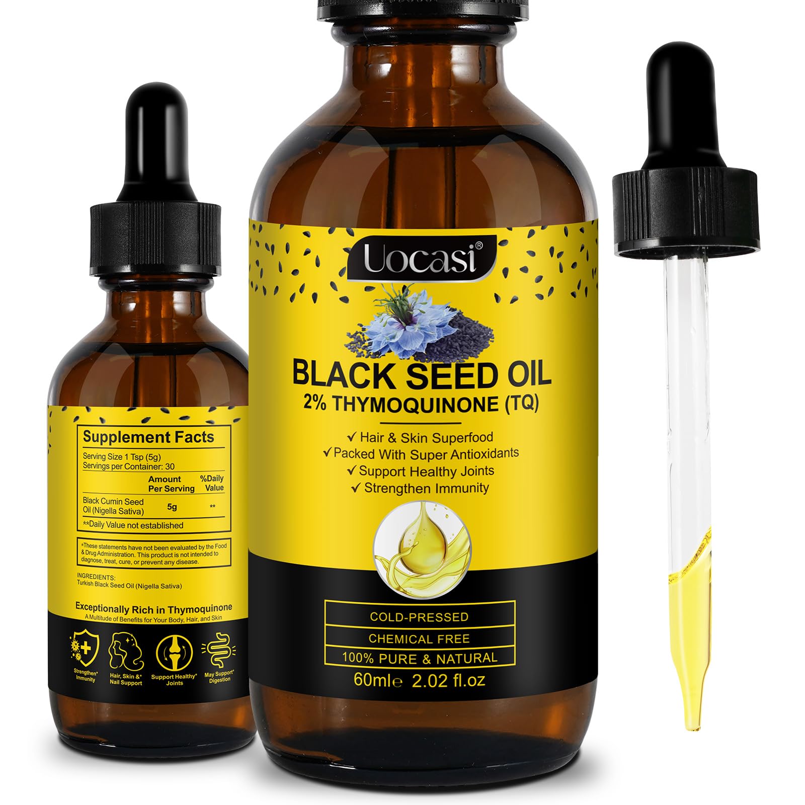 Black Seed Oil Organic Cold Pressed, 100% Pure and Natural Liquid, Enriched with High TQ & Dynamic Harmony of Omegas 3 6 9, Hair Growth, Skin Cares, Nourishes and Hydrates Hair