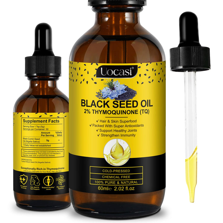 Black Seed Oil Organic Cold Pressed, 100% Pure and Natural Liquid, Enriched with High TQ & Dynamic Harmony of Omegas 3 6 9, Hair Growth, Skin Cares, Nourishes and Hydrates Hair