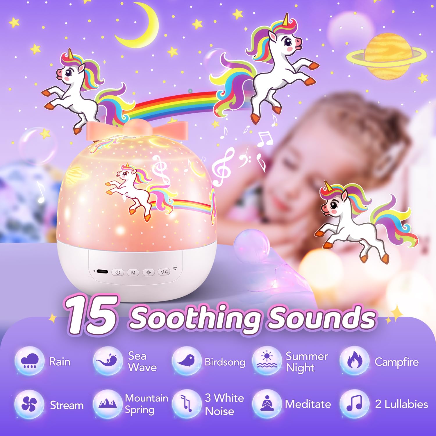 PIKOY Night Light for Kids, 15 Films+15 Sound Machine for Kids Projector Light, 360 °Rotation Princess Night Light Projector for Kids Room,Remote+Rechargeable Unicorn Lamp,Unicorn Gifts for Girls Toys